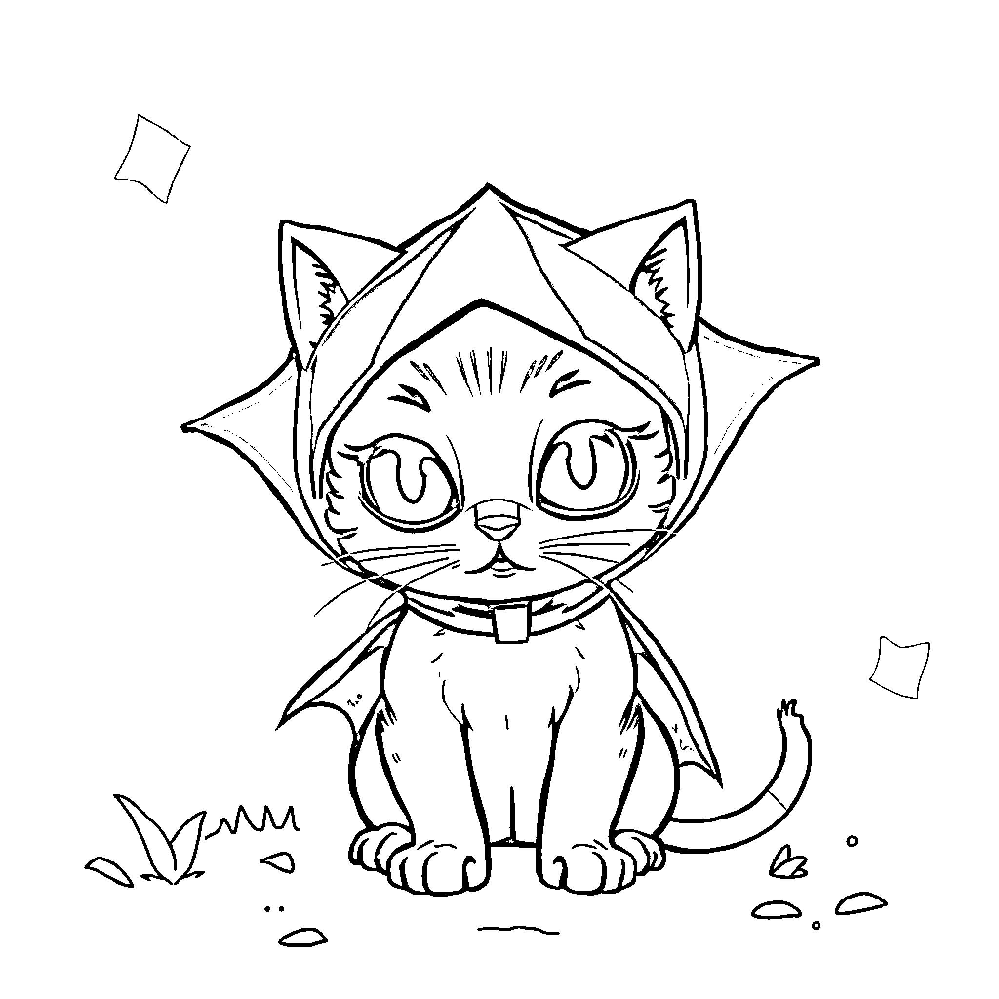 Cat wearing a costume in the garden Coloring Page (free black-and-white line drawing printable PDF for all, from beginners to advanced learners, including children, teens, adults, and seniors)