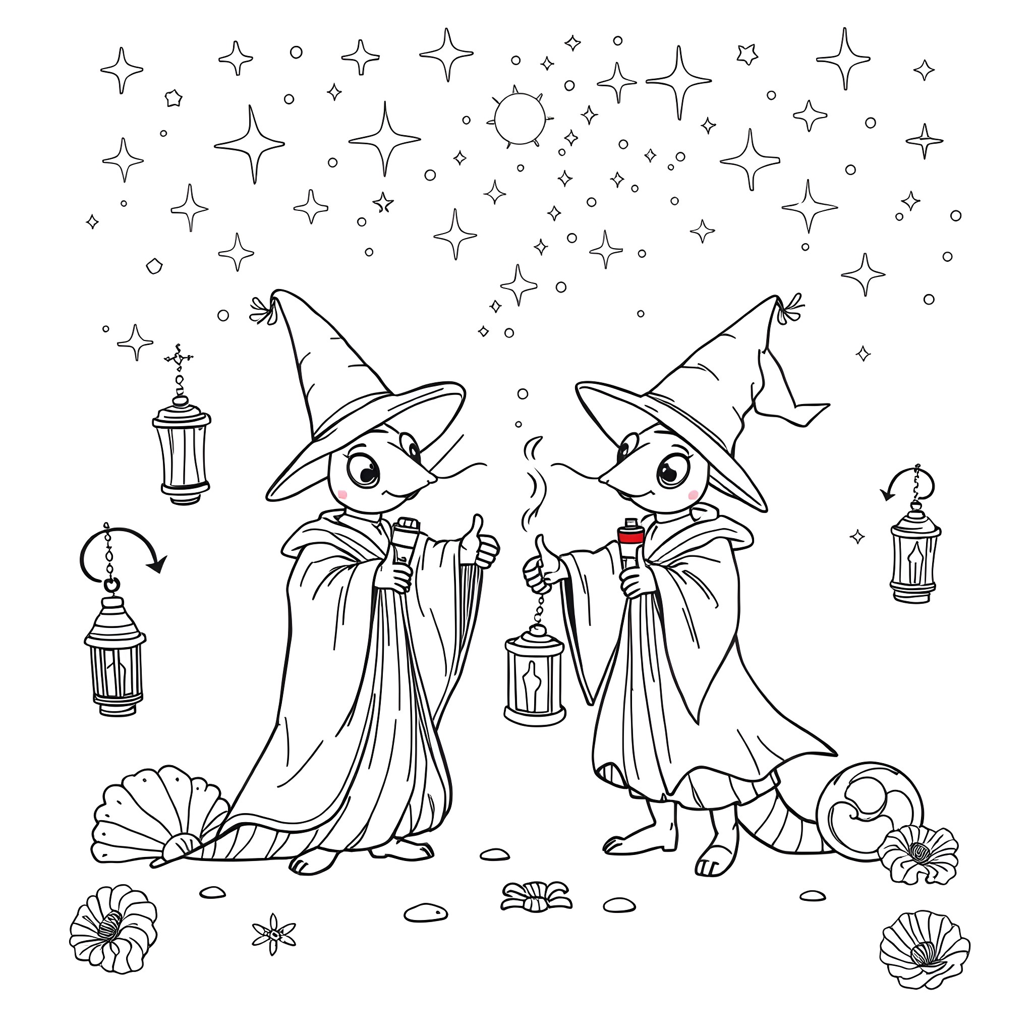 Shrimp Wizards Casting Spells in Starry Night Coloring Page (free black-and-white line drawing printable PDF for all, from beginners to advanced learners, including children, teens, adults, and seniors)