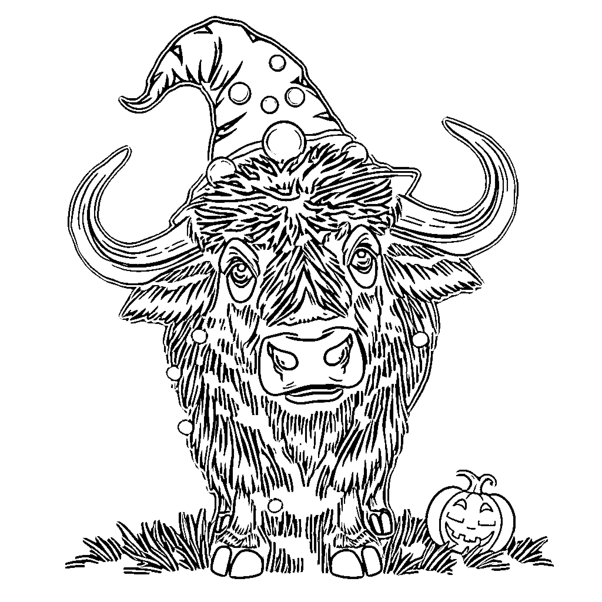 Buffalo wearing a festive hat in a pumpkin patch Coloring Page (free black-and-white line drawing printable PDF for all, from beginners to advanced learners, including children, teens, adults, and seniors)