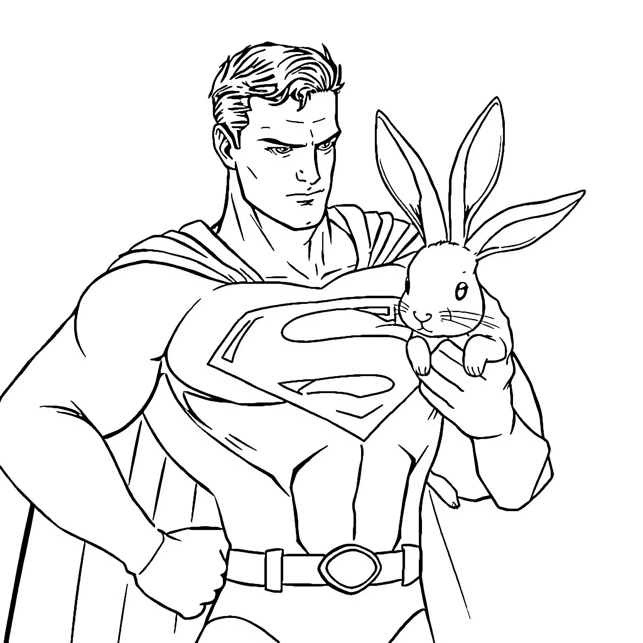 Superman holding a curious rabbit Coloring Page (free black-and-white line drawing printable PDF for all, from beginners to advanced learners, including children, teens, adults, and seniors)