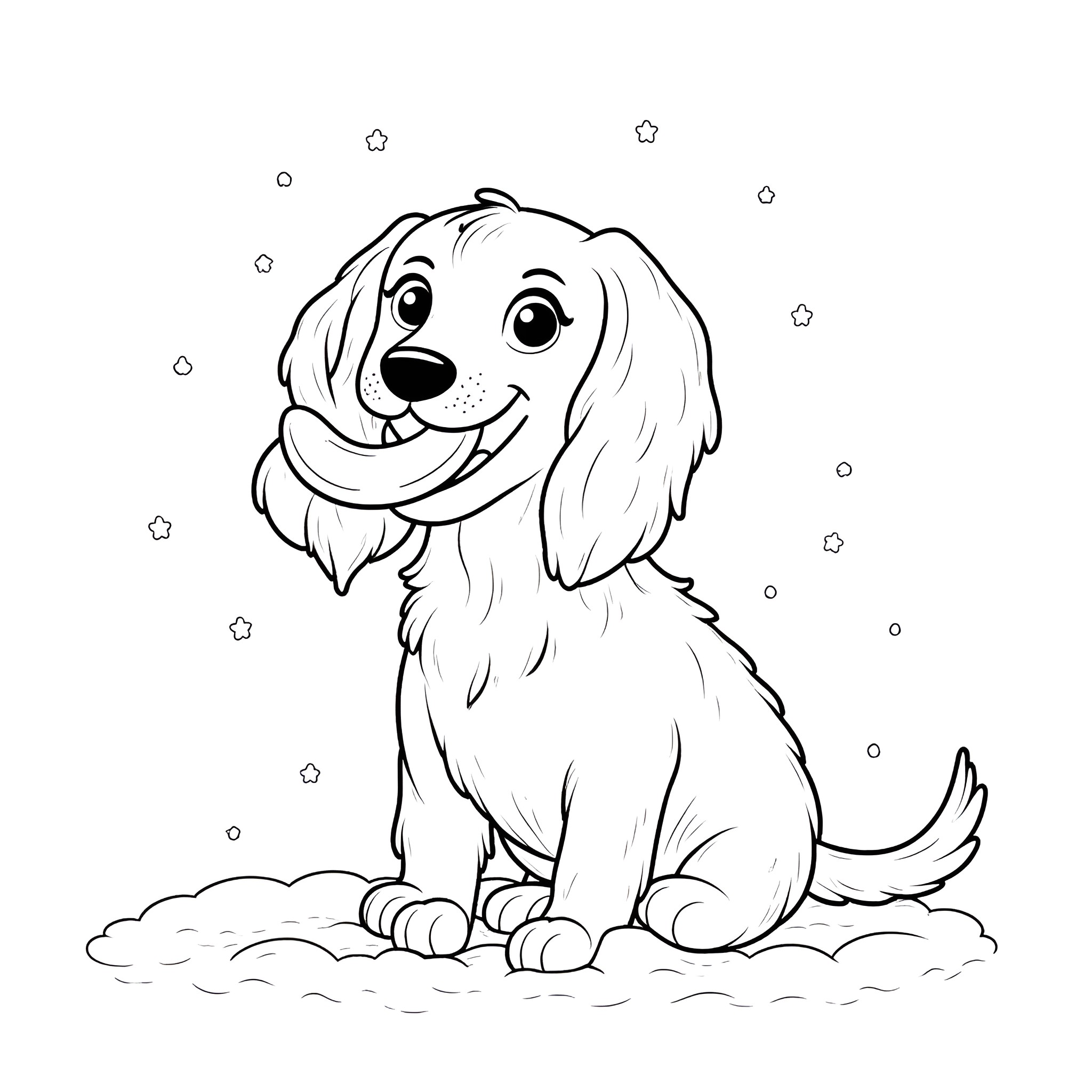 Dachshund puppy playing happily in the snow Coloring Page (free black-and-white line drawing printable PDF for all, from beginners to advanced learners, including children, teens, adults, and seniors)
