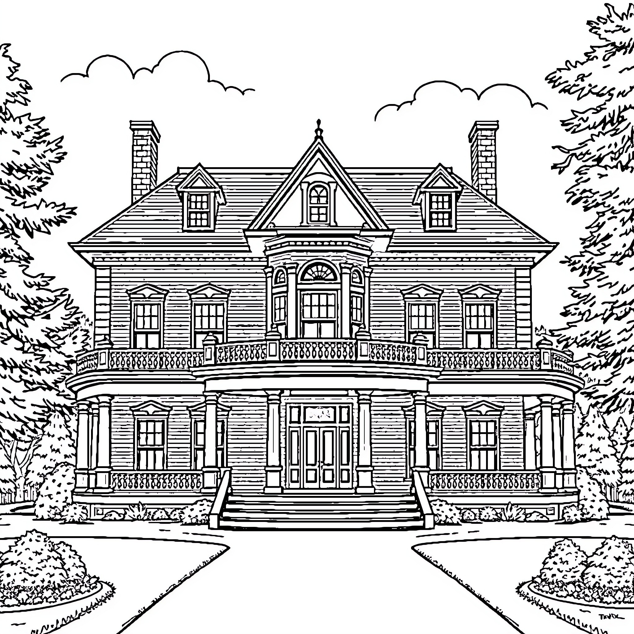 Mansion with elegant architecture and grand entryway Coloring Page (free black-and-white line drawing printable PDF for all, from beginners to advanced learners, including children, teens, adults, and seniors)