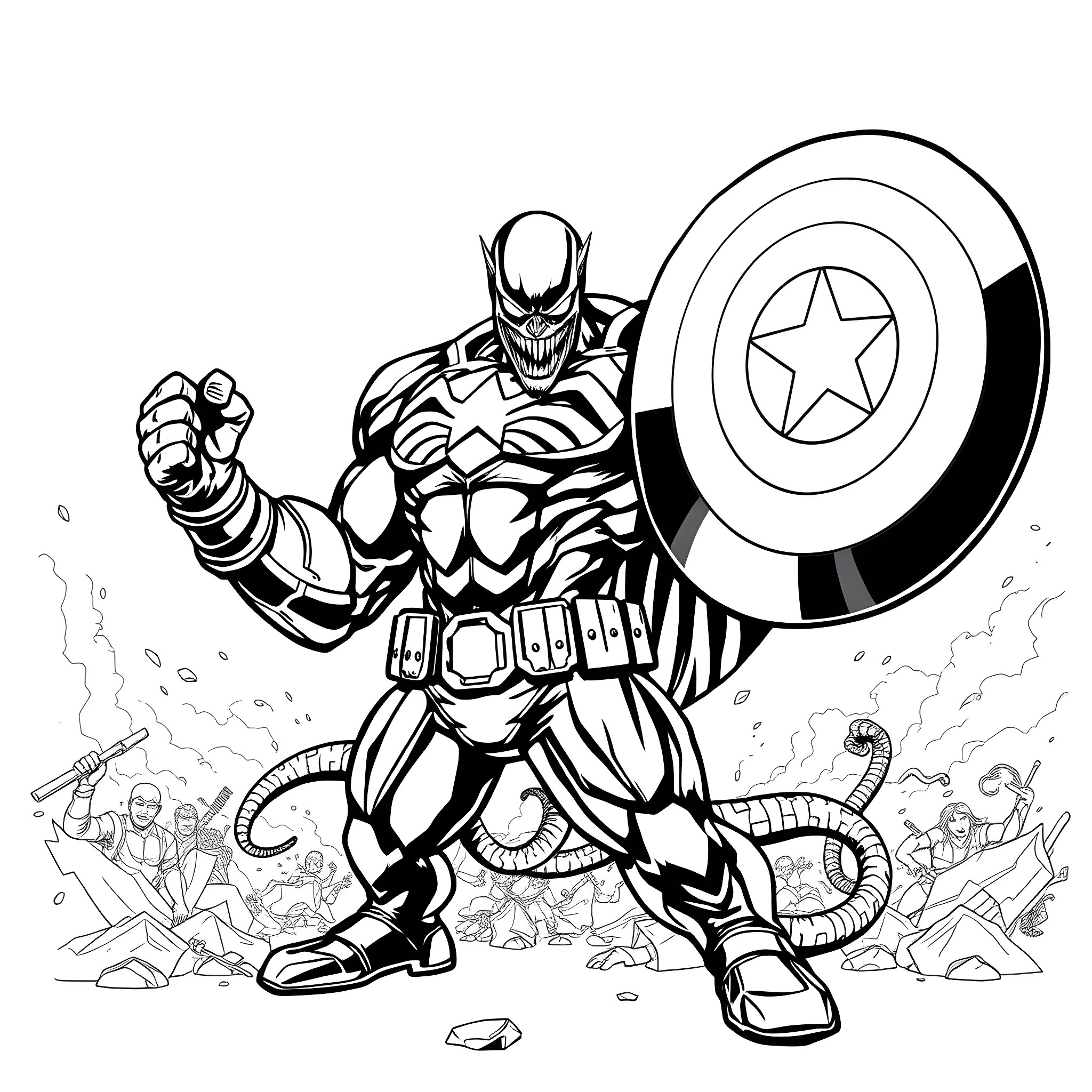 Captain Venom battles heroically against enemies Coloring Page (free black-and-white line drawing printable PDF for all, from beginners to advanced learners, including children, teens, adults, and seniors)