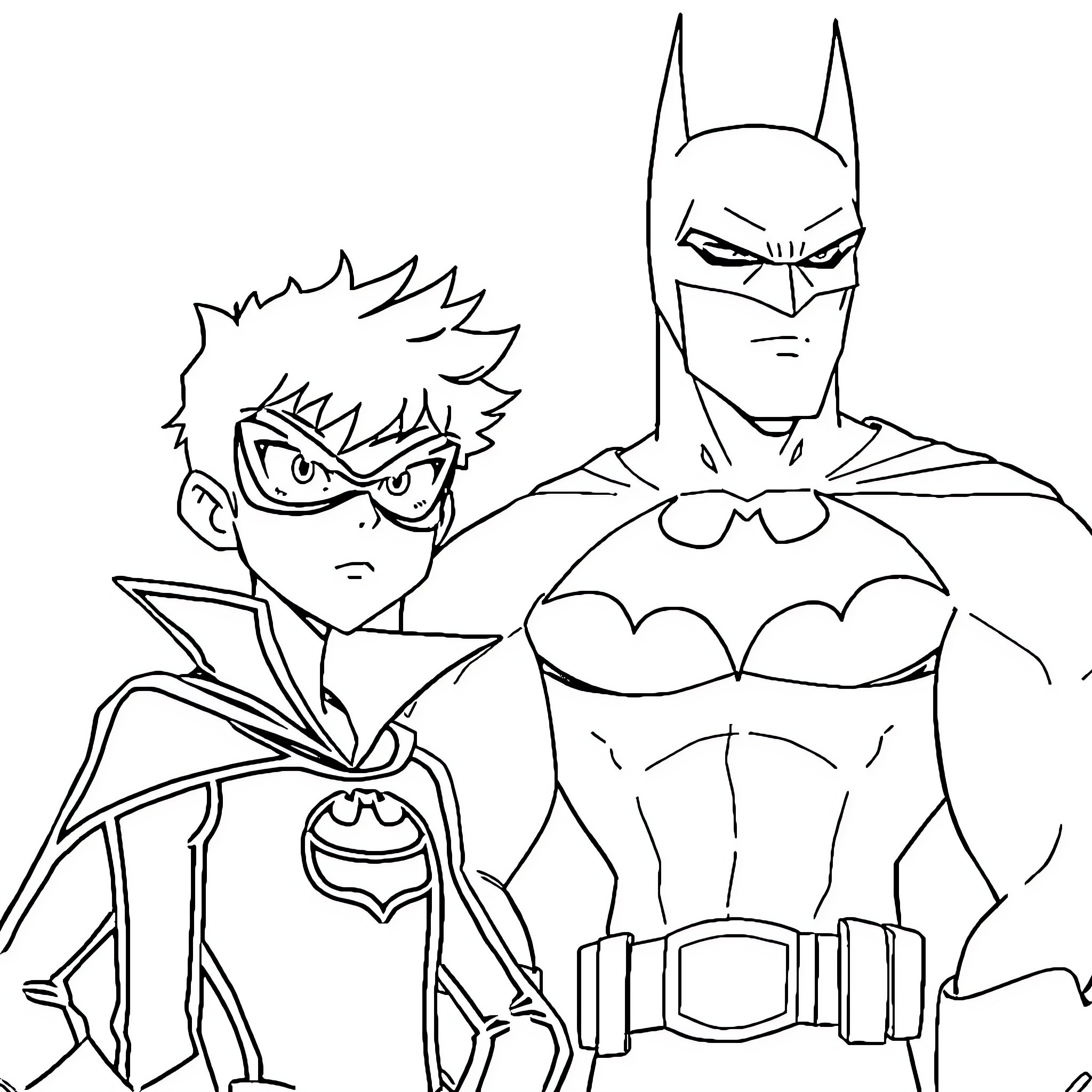 Asta and Batman in heroic stance Coloring Page (free black-and-white line drawing printable PDF for all, from beginners to advanced learners, including children, teens, adults, and seniors)