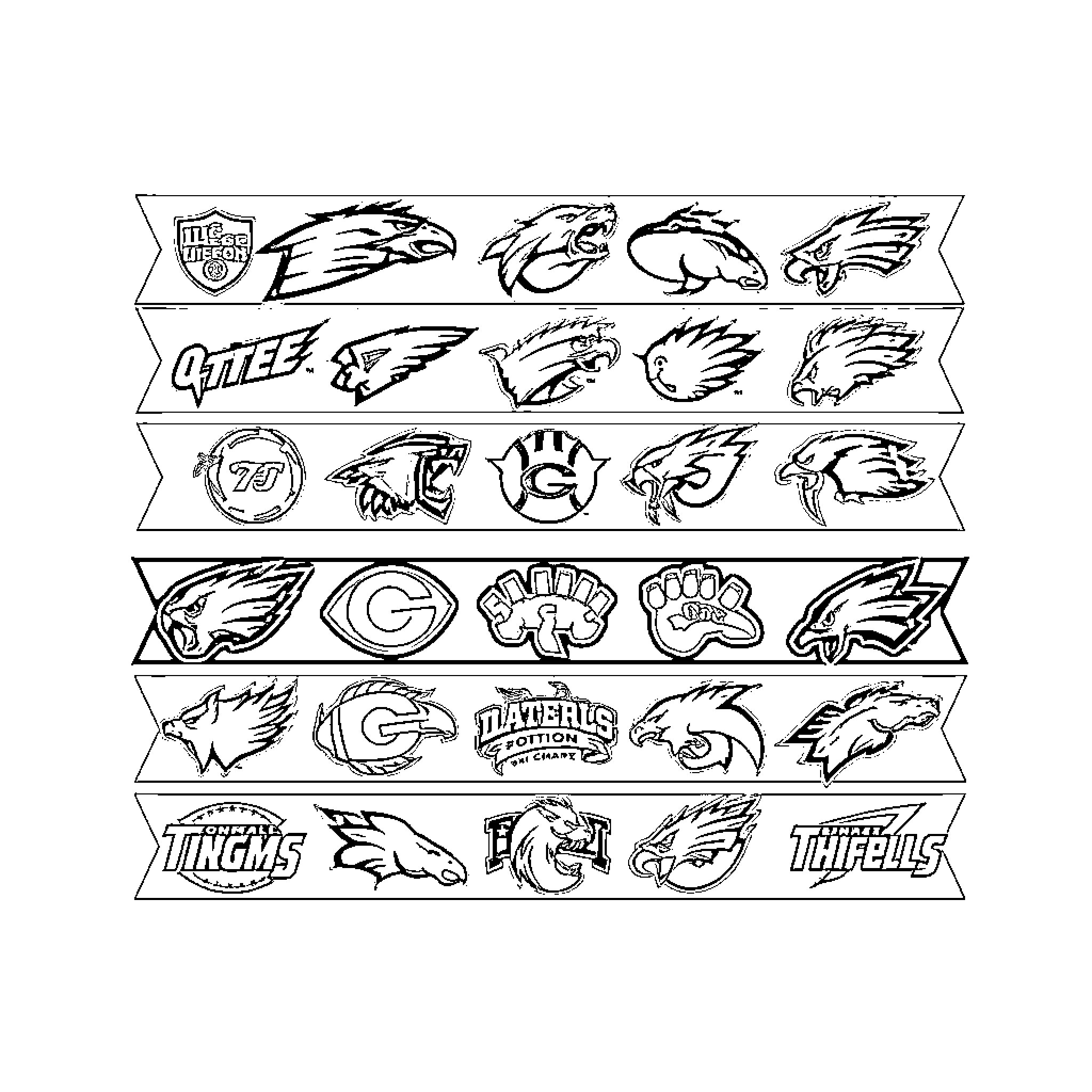 College Football Team Logos Featuring Various Fierce Animal Designs Coloring Page (free black-and-white line drawing printable PDF for all, from beginners to advanced learners, including children, teens, adults, and seniors)