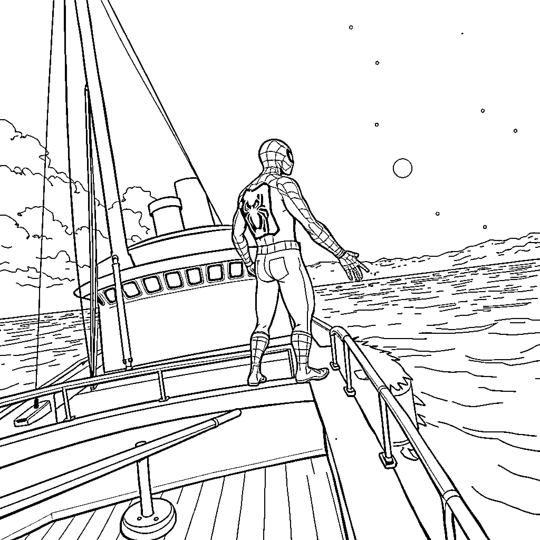 Spiderman overlooking the sea from a ship Coloring Page (free black-and-white line drawing printable PDF for all, from beginners to advanced learners, including children, teens, adults, and seniors)