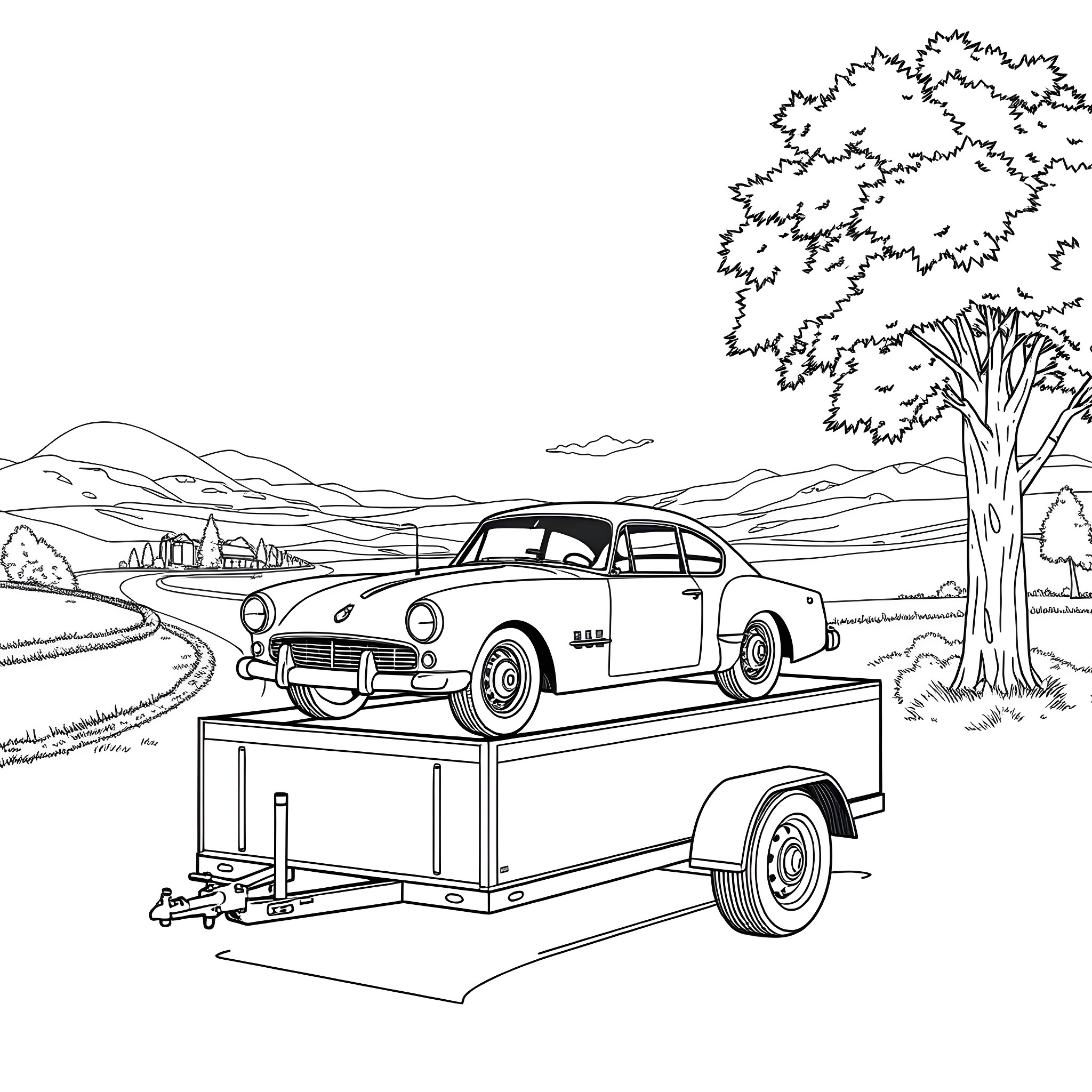 Car being transported on a trailer through the countryside Coloring Page (free black-and-white line drawing printable PDF for all, from beginners to advanced learners, including children, teens, adults, and seniors)