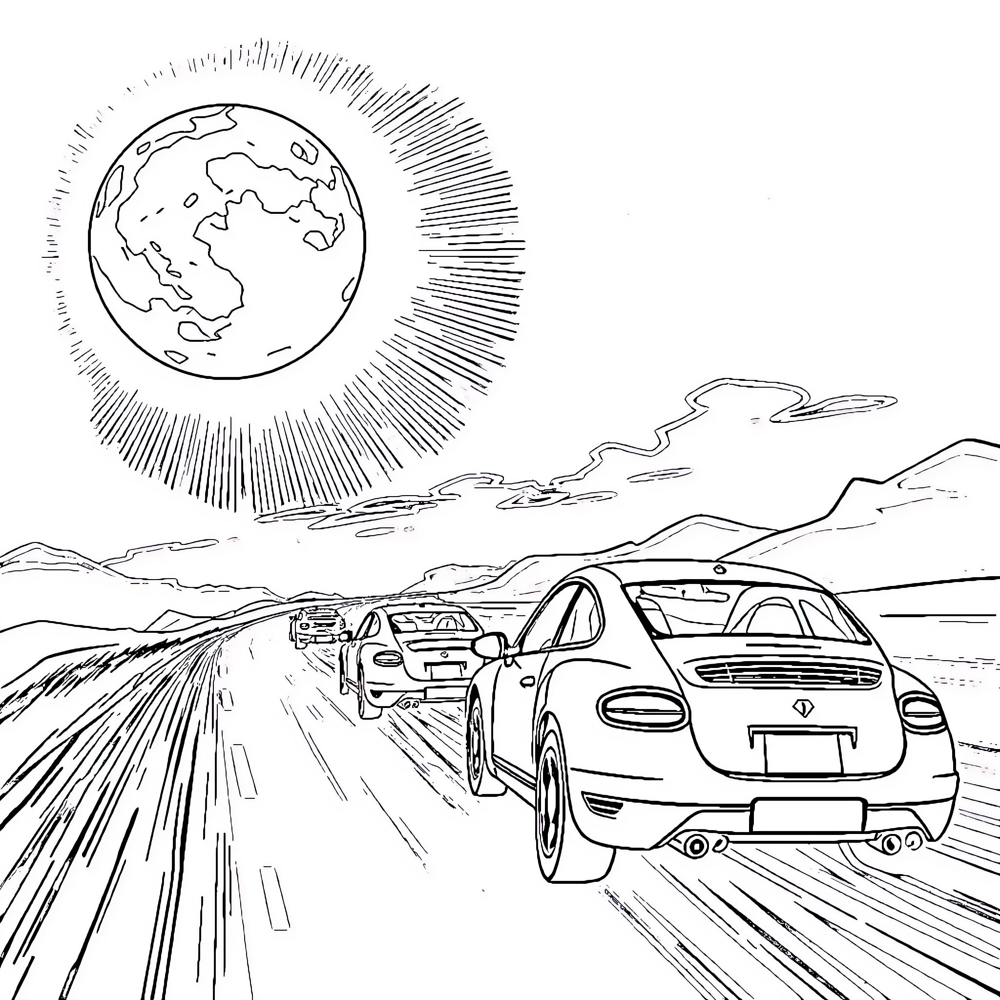Car racing on winding road under the sun Coloring Page (free black-and-white line drawing printable PDF for all, from beginners to advanced learners, including children, teens, adults, and seniors)