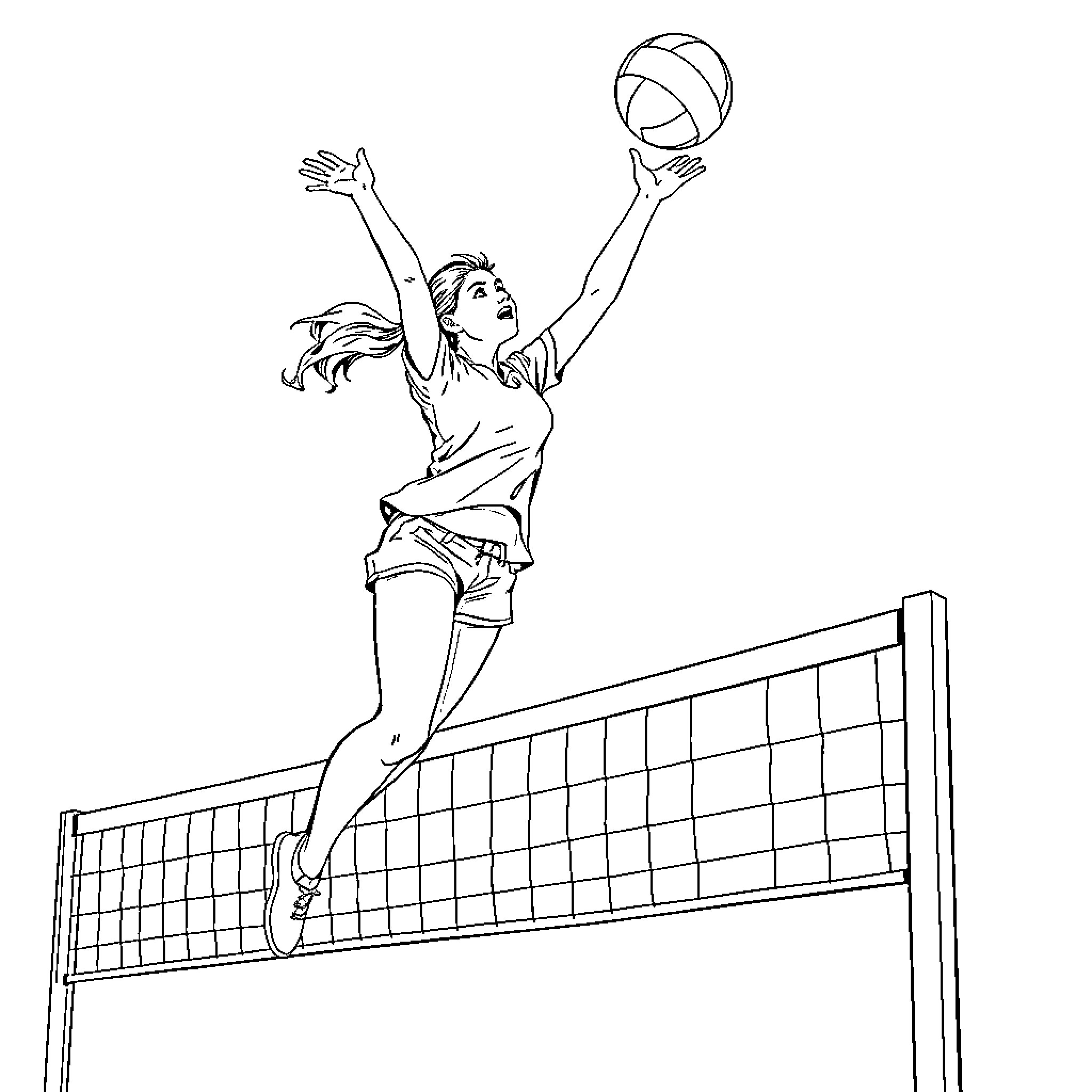 Volleyball player jumping and spiking the ball Coloring Page (free black-and-white line drawing printable PDF for all, from beginners to advanced learners, including children, teens, adults, and seniors)