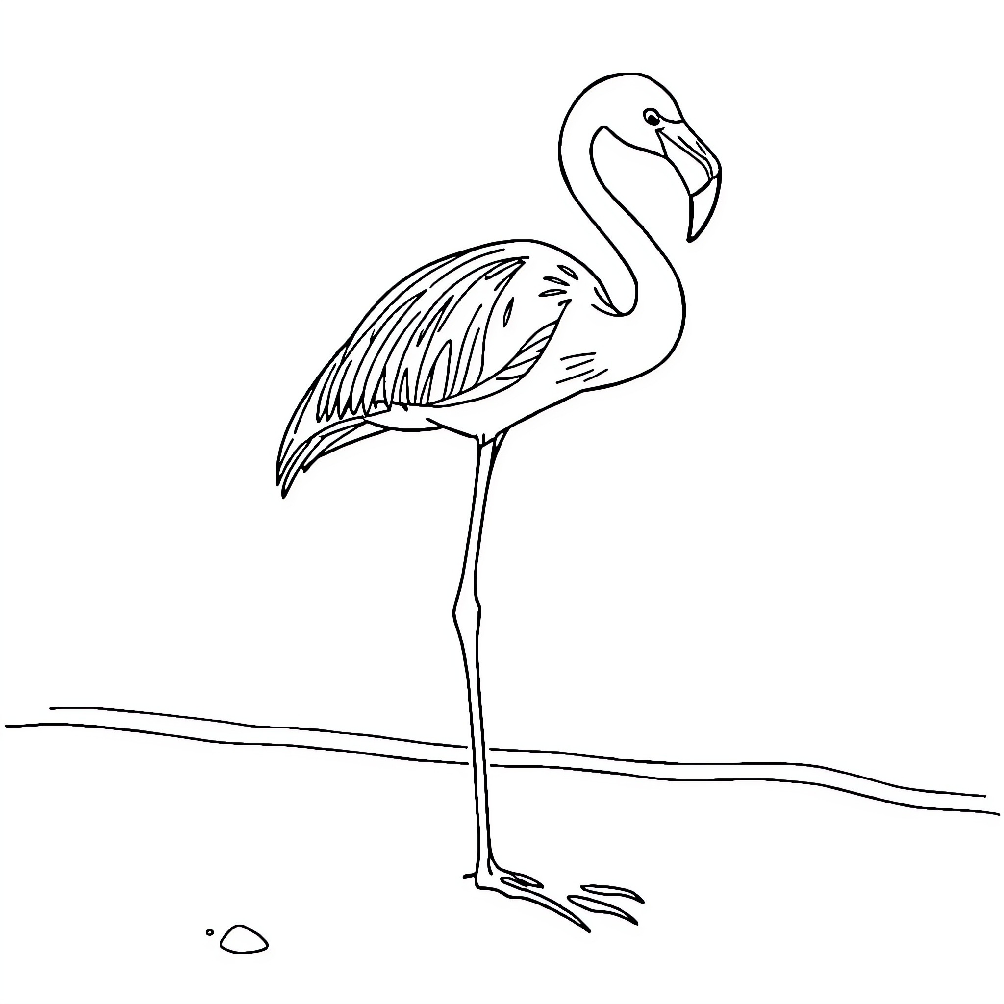Flamingo standing gracefully on the ground Coloring Page (free black-and-white line drawing printable PDF for all, from beginners to advanced learners, including children, teens, adults, and seniors)