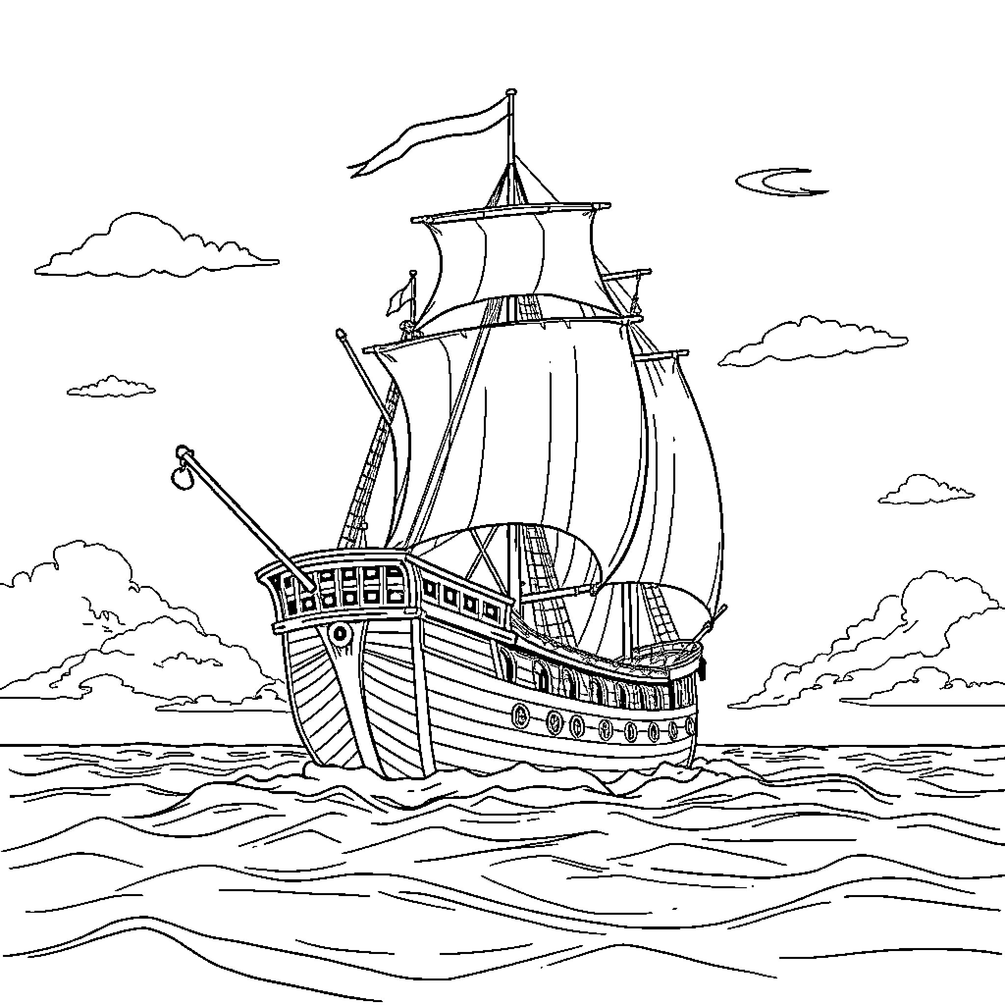 Pirate Ship Sailing on the High Seas Coloring Page (free black-and-white line drawing printable PDF for all, from beginners to advanced learners, including children, teens, adults, and seniors)