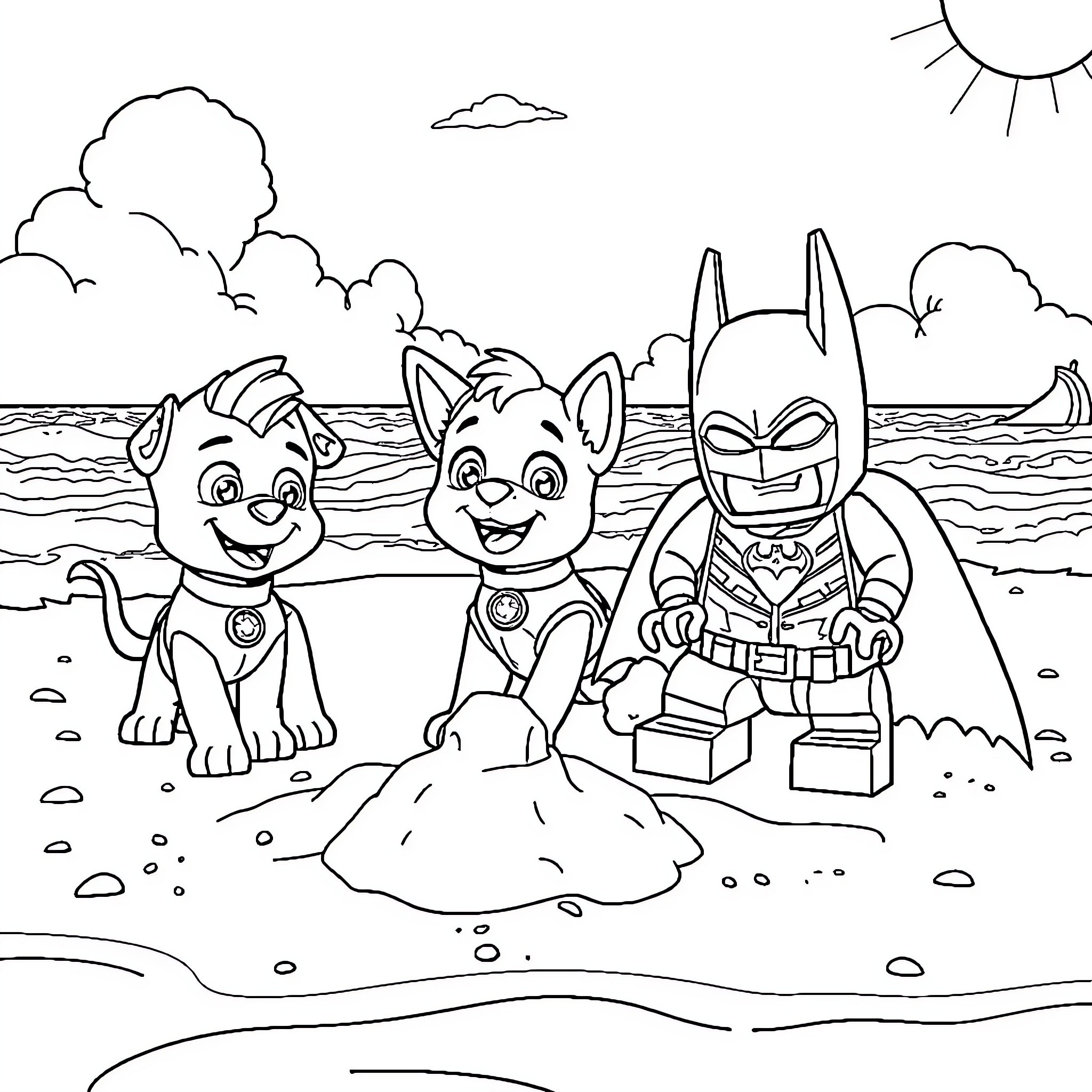 Chase to the Beach with Superheroes Coloring Page (free black-and-white line drawing printable PDF for all, from beginners to advanced learners, including children, teens, adults, and seniors)