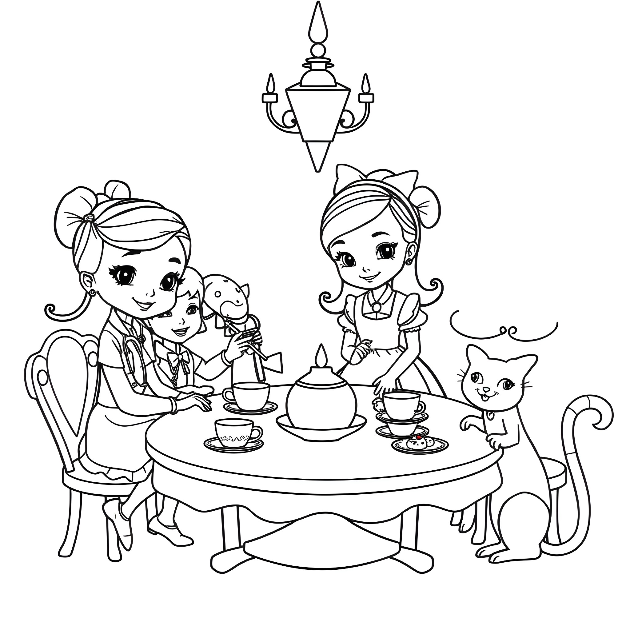 Doc McStuffins having a tea party with friends Coloring Page (free black-and-white line drawing printable PDF for all, from beginners to advanced learners, including children, teens, adults, and seniors)