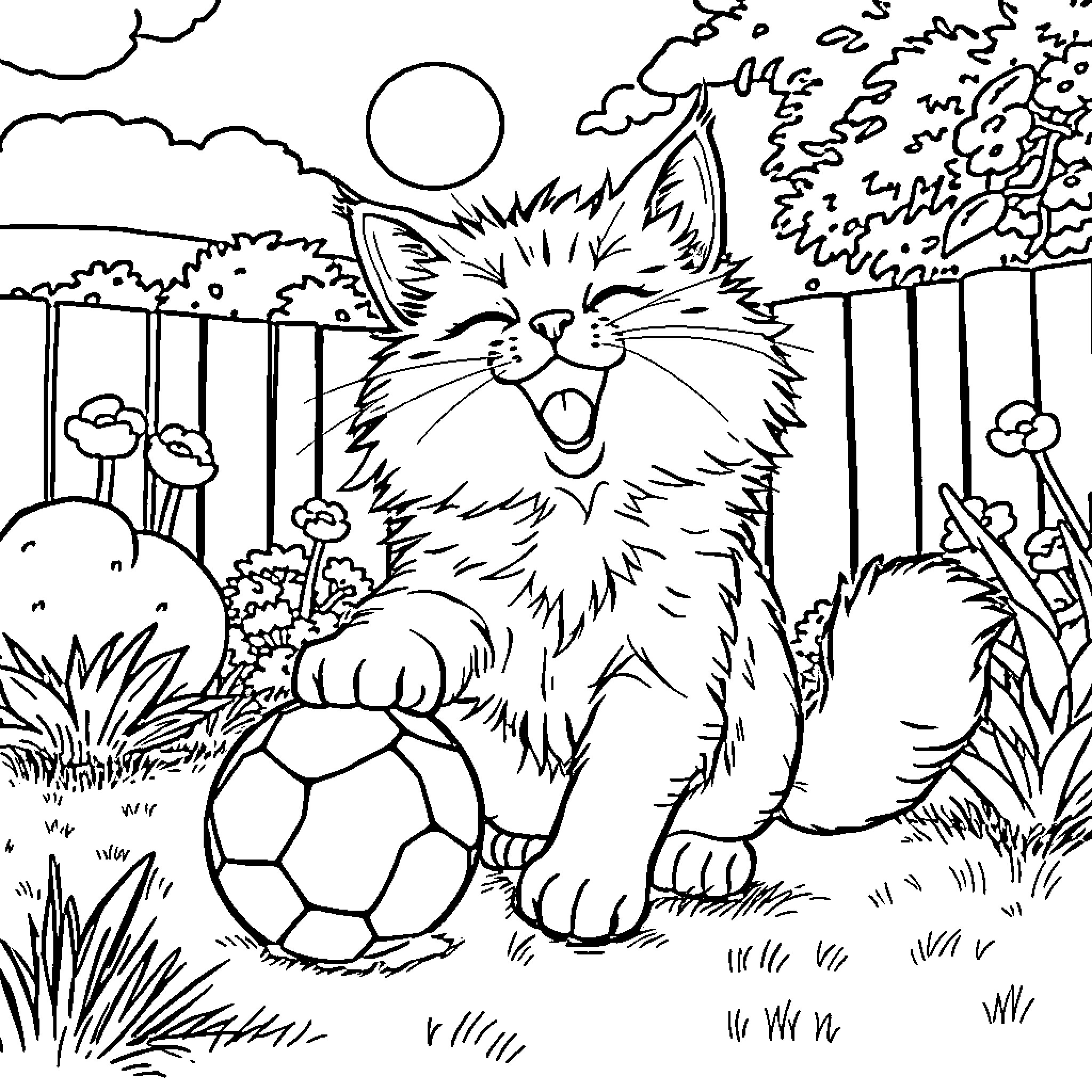 Cat playing happily with soccer ball in the garden Coloring Page (free black-and-white line drawing printable PDF for all, from beginners to advanced learners, including children, teens, adults, and seniors)