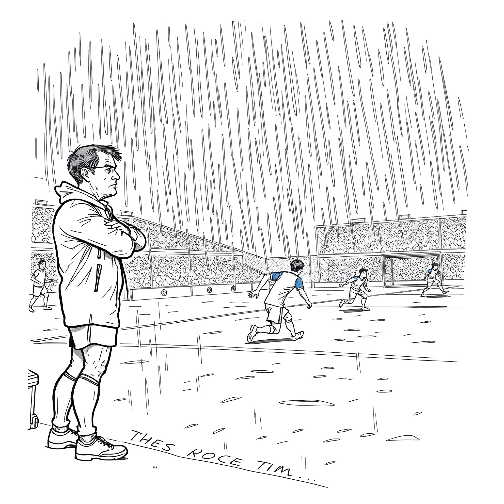 Soccer Coach Observing Game in Rainy Stadium Coloring Page (free black-and-white line drawing printable PDF for all, from beginners to advanced learners, including children, teens, adults, and seniors)