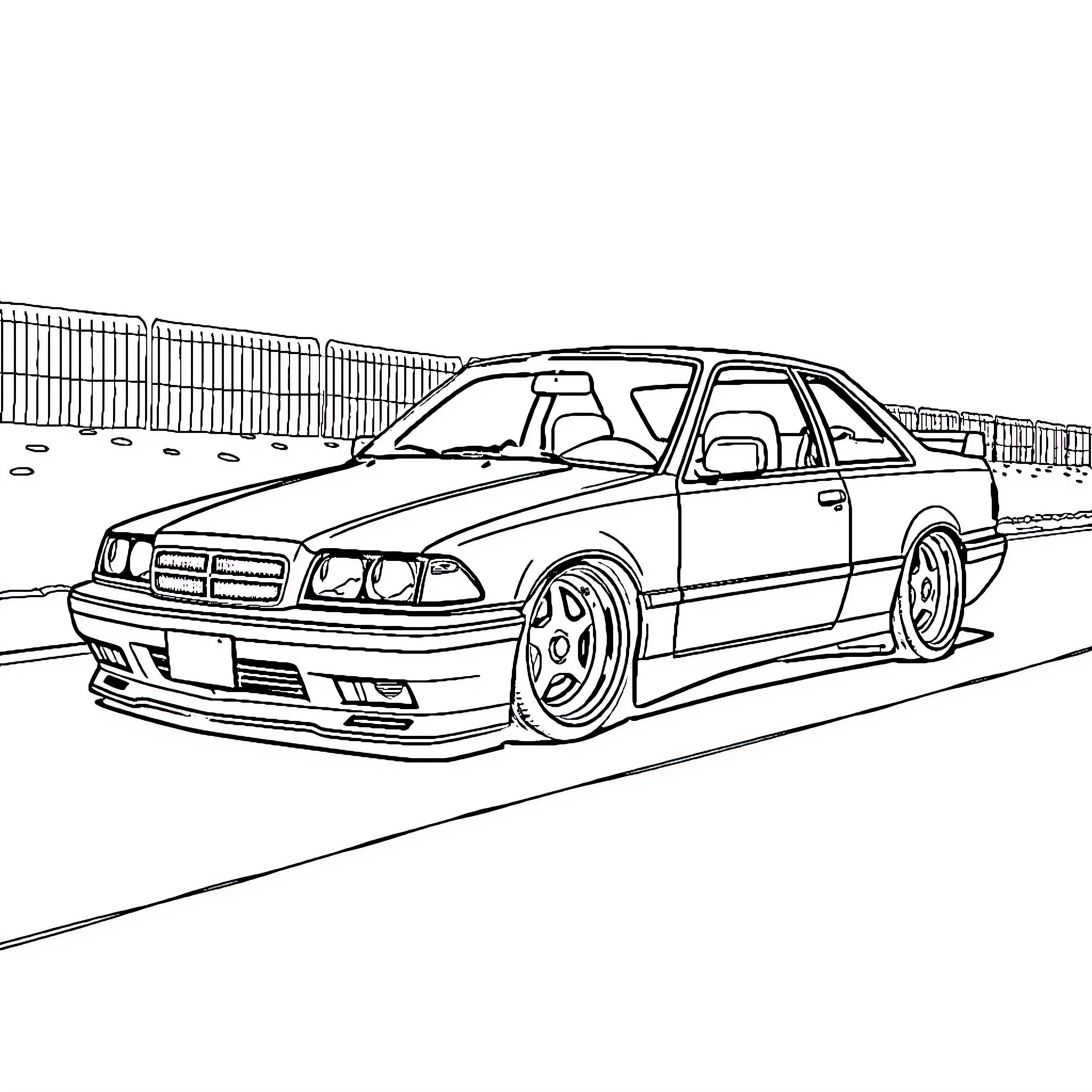 Car on the road with custom modifications Coloring Page (free black-and-white line drawing printable PDF for all, from beginners to advanced learners, including children, teens, adults, and seniors)