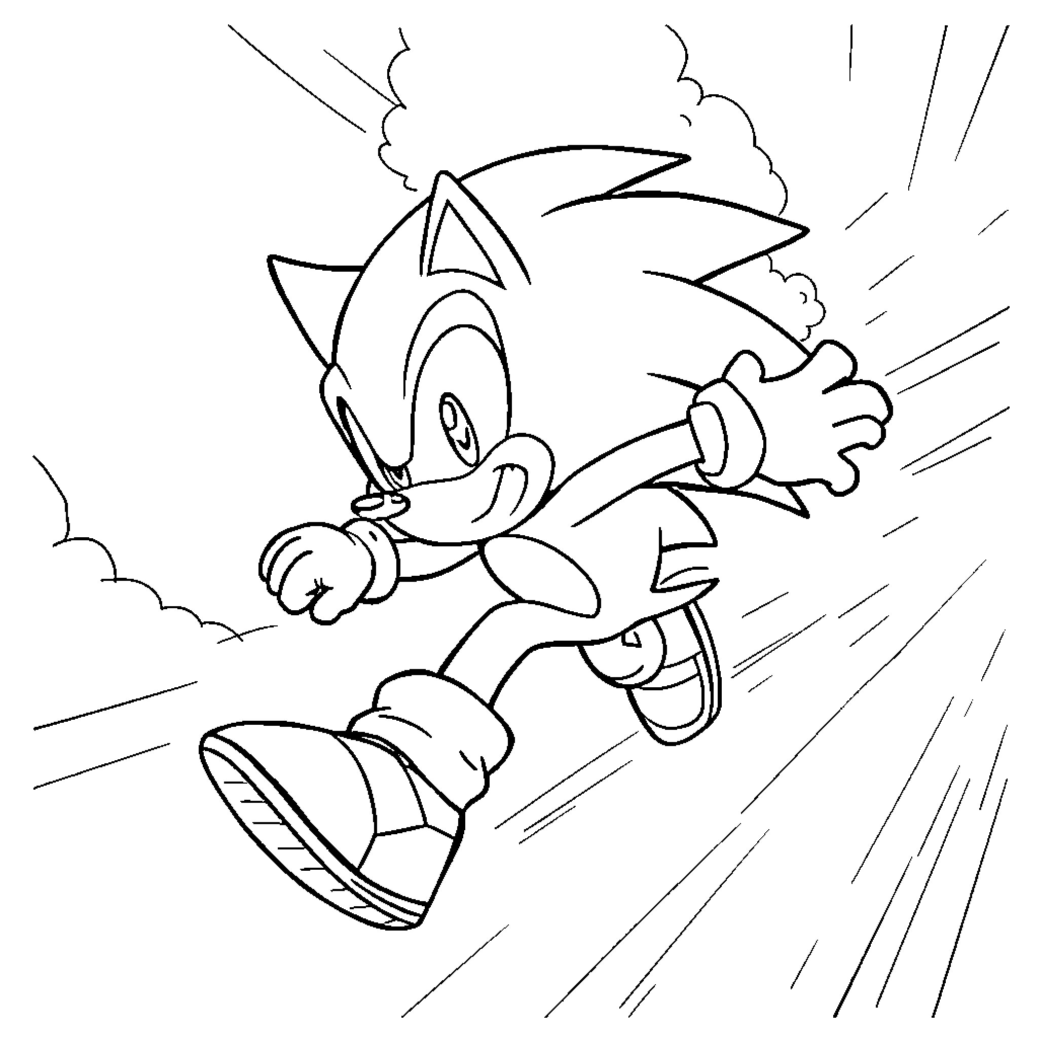 Sonic speedily dashing through the scene Coloring Page (free black-and-white line drawing printable PDF for all, from beginners to advanced learners, including children, teens, adults, and seniors)