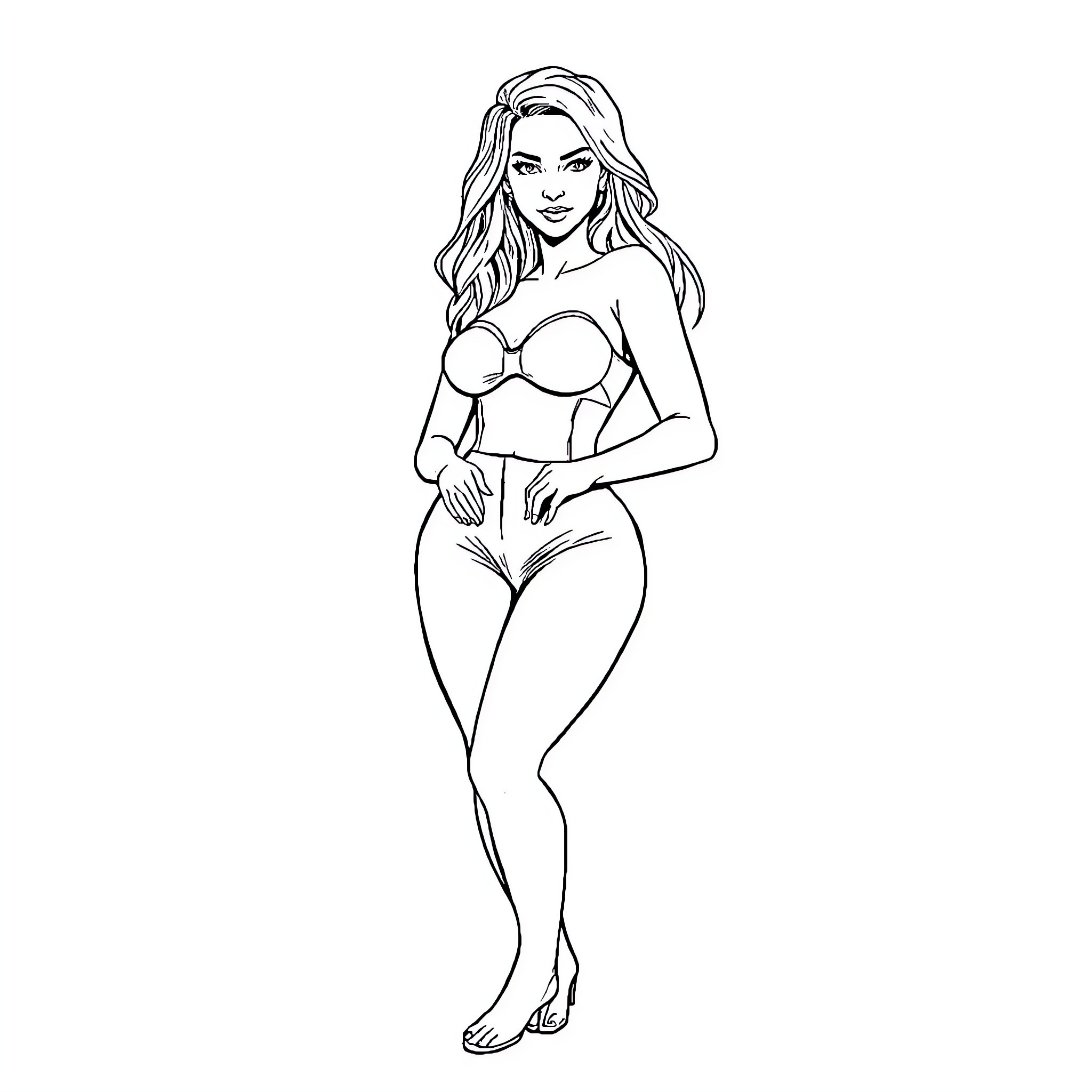 Miranda Lawson posing confidently in swimwear Coloring Page (free black-and-white line drawing printable PDF for all, from beginners to advanced learners, including children, teens, adults, and seniors)
