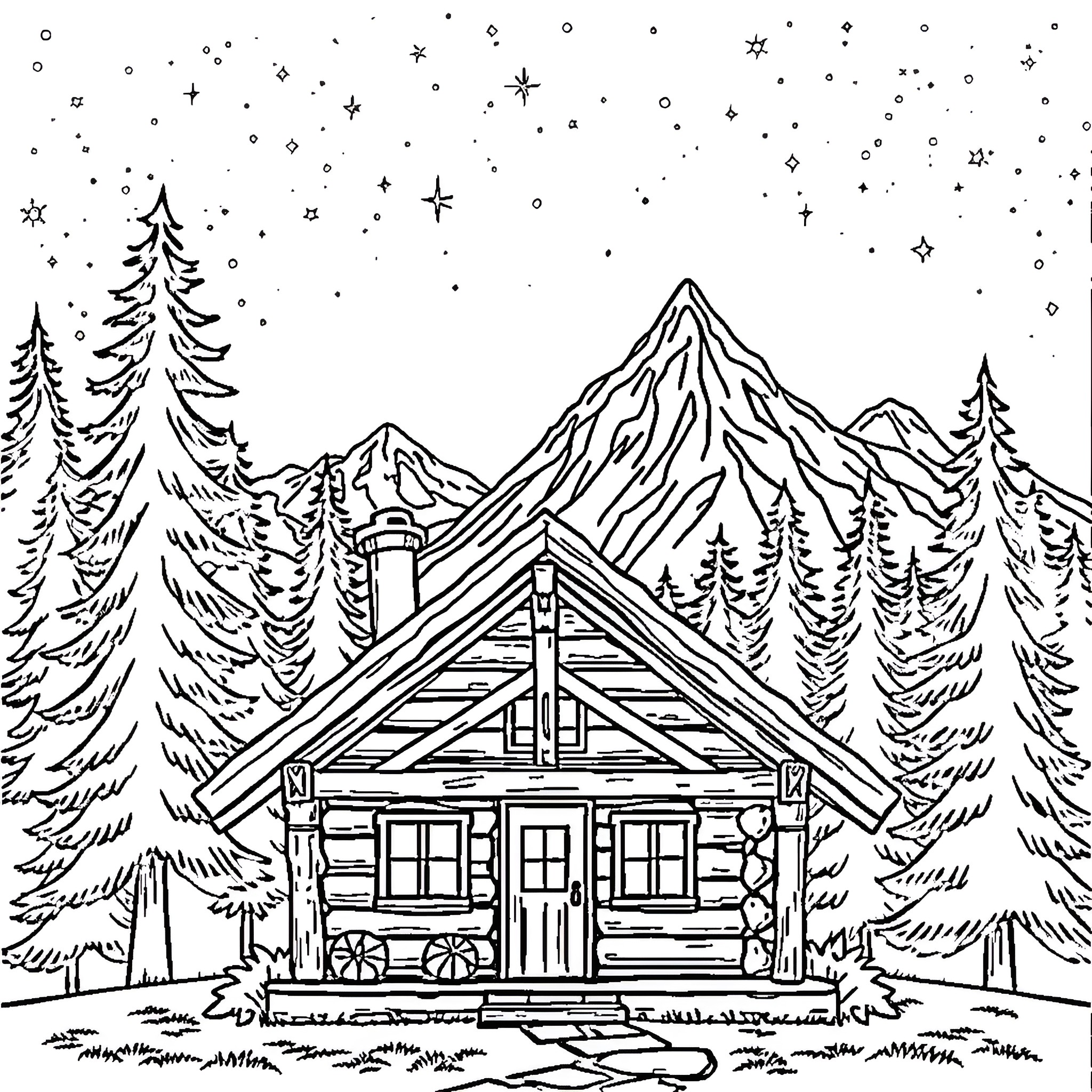 Cabin in the Snowy Mountain Landscape Coloring Page (free black-and-white line drawing printable PDF for all, from beginners to advanced learners, including children, teens, adults, and seniors)
