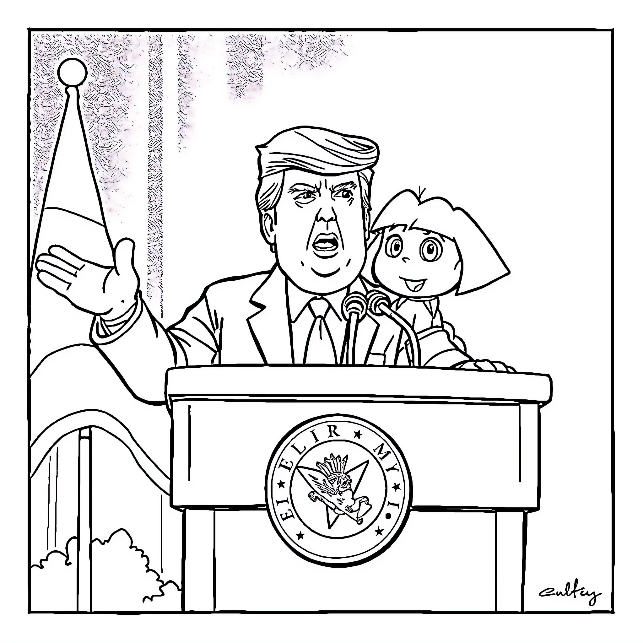 Donald Trump Delivering Animated Speech at Podium Coloring Page (free black-and-white line drawing printable PDF for all, from beginners to advanced learners, including children, teens, adults, and seniors)