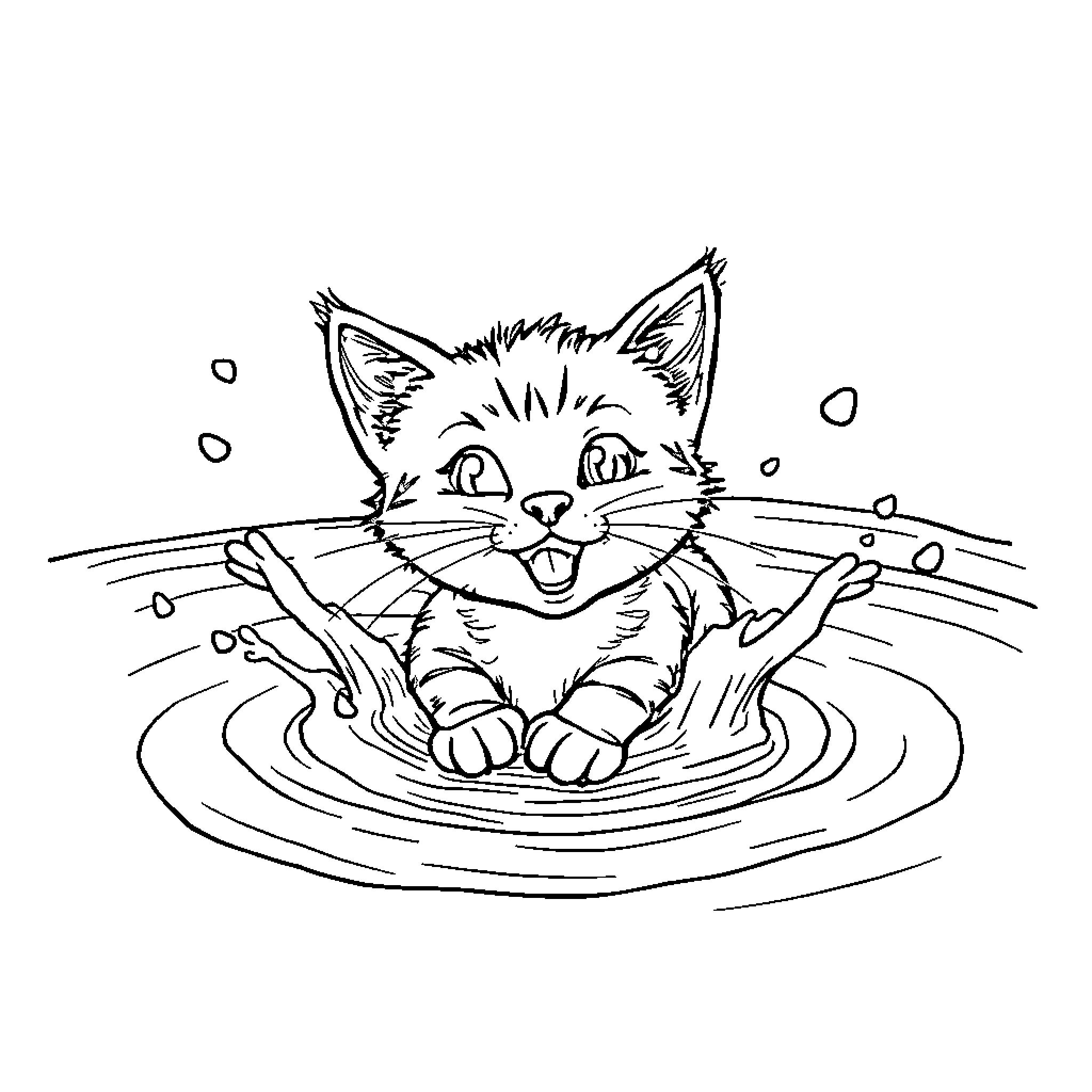 Cat splashing in water Coloring Page (free black-and-white line drawing printable PDF for all, from beginners to advanced learners, including children, teens, adults, and seniors)