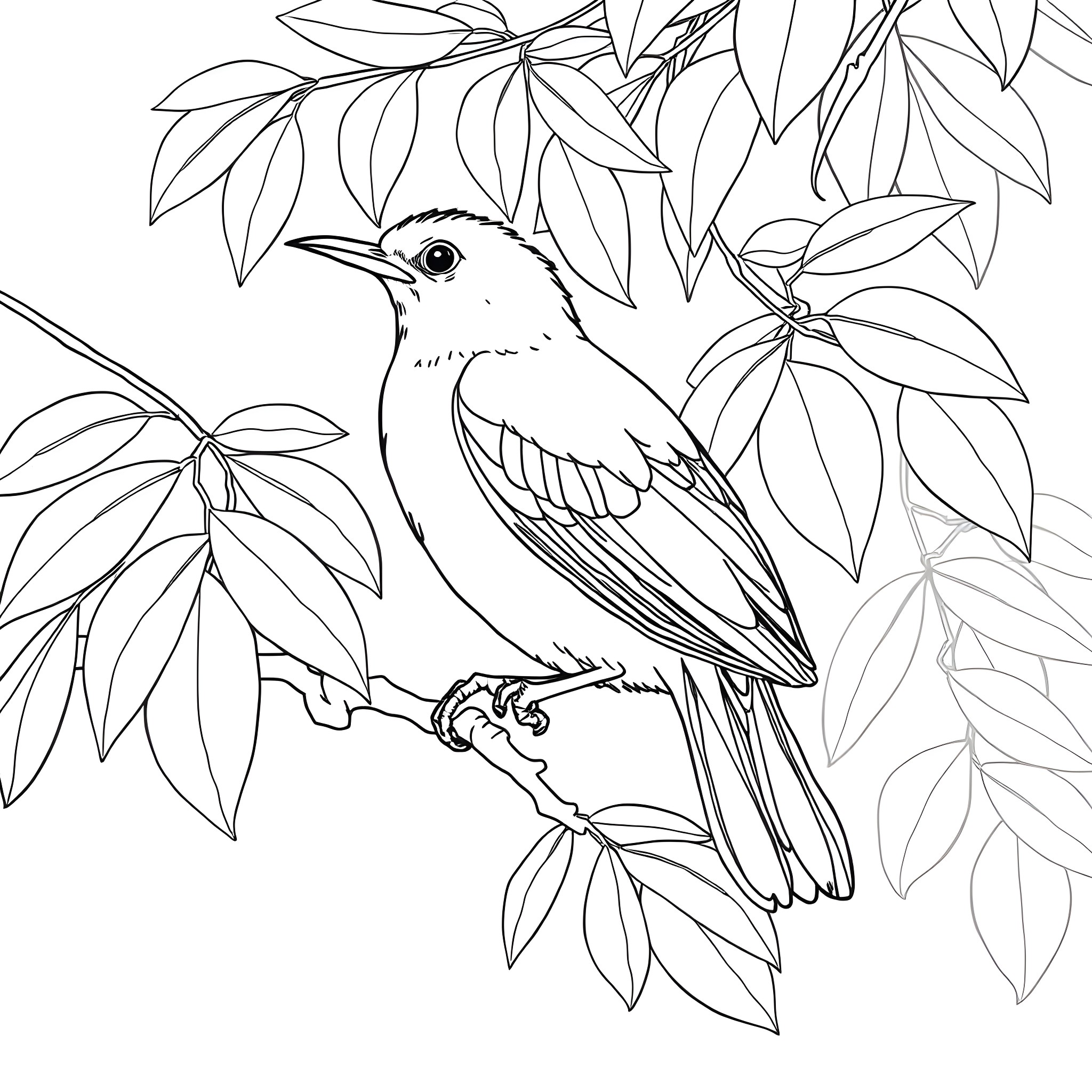 Oriolus bird perched amidst lush foliage Coloring Page (free black-and-white line drawing printable PDF for all, from beginners to advanced learners, including children, teens, adults, and seniors)