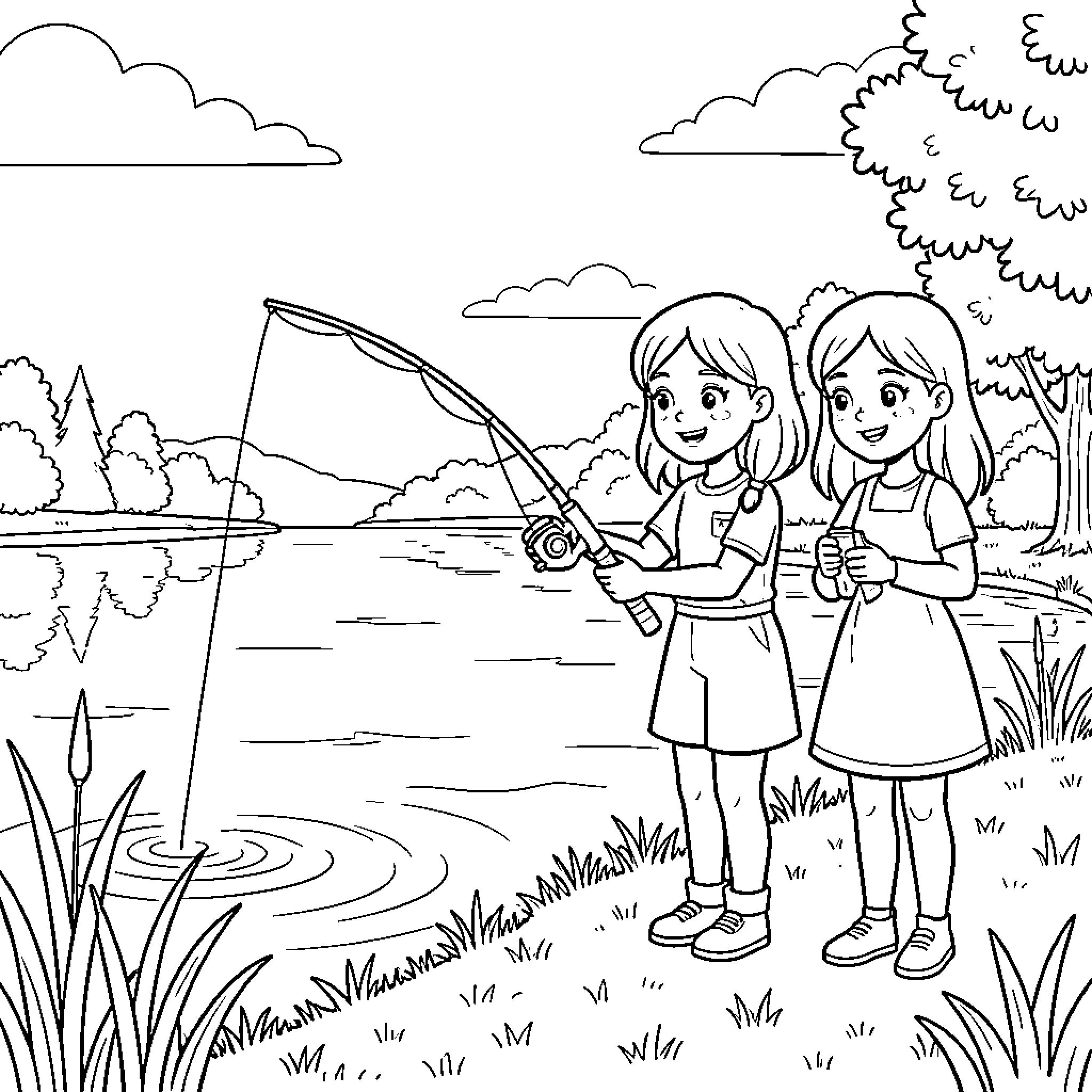 Twin siblings fishing happily by the lake Coloring Page (free black-and-white line drawing printable PDF for all, from beginners to advanced learners, including children, teens, adults, and seniors)