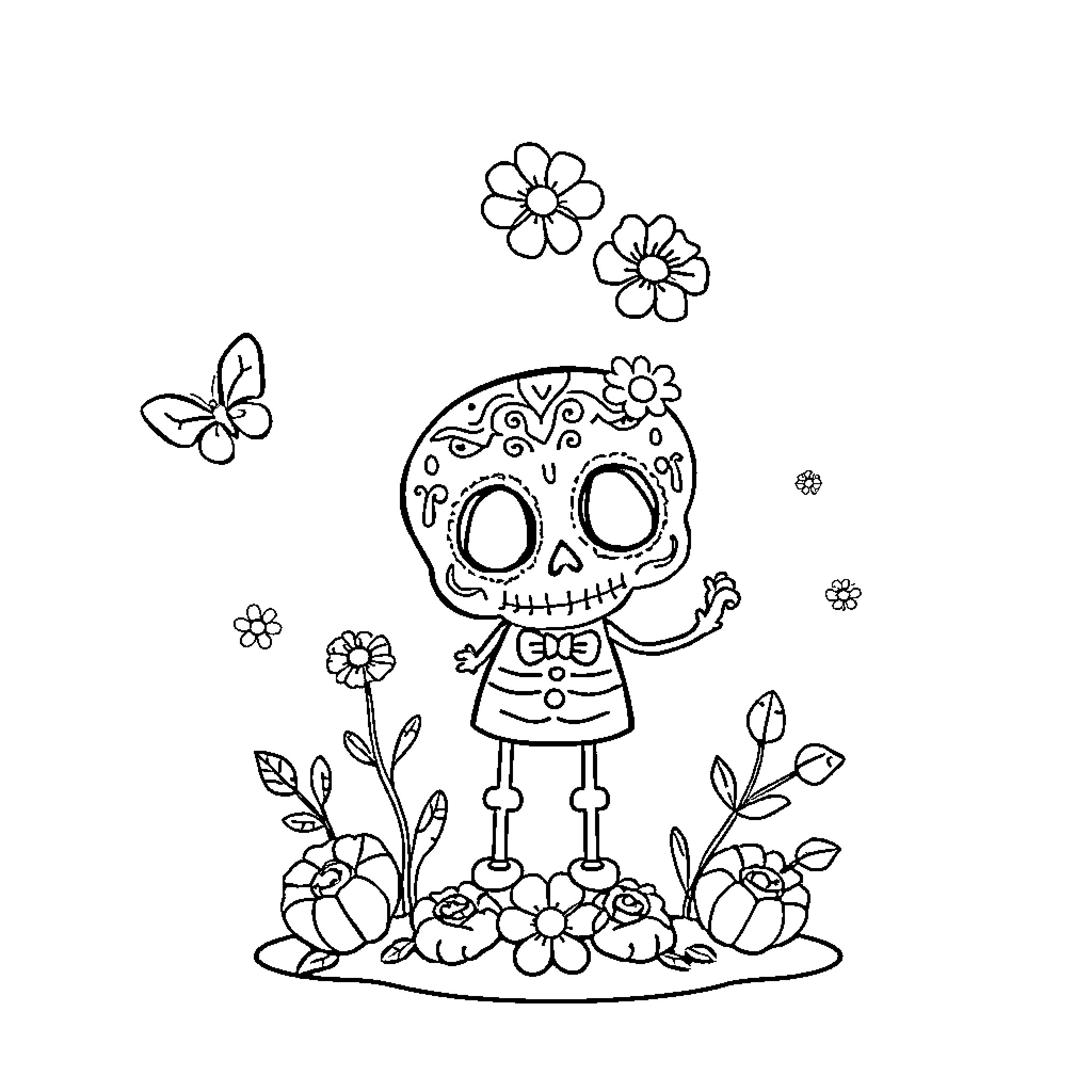 October Whimsical Sugar Skull in Flower Garden Coloring Page (free black-and-white line drawing printable PDF for all, from beginners to advanced learners, including children, teens, adults, and seniors)
