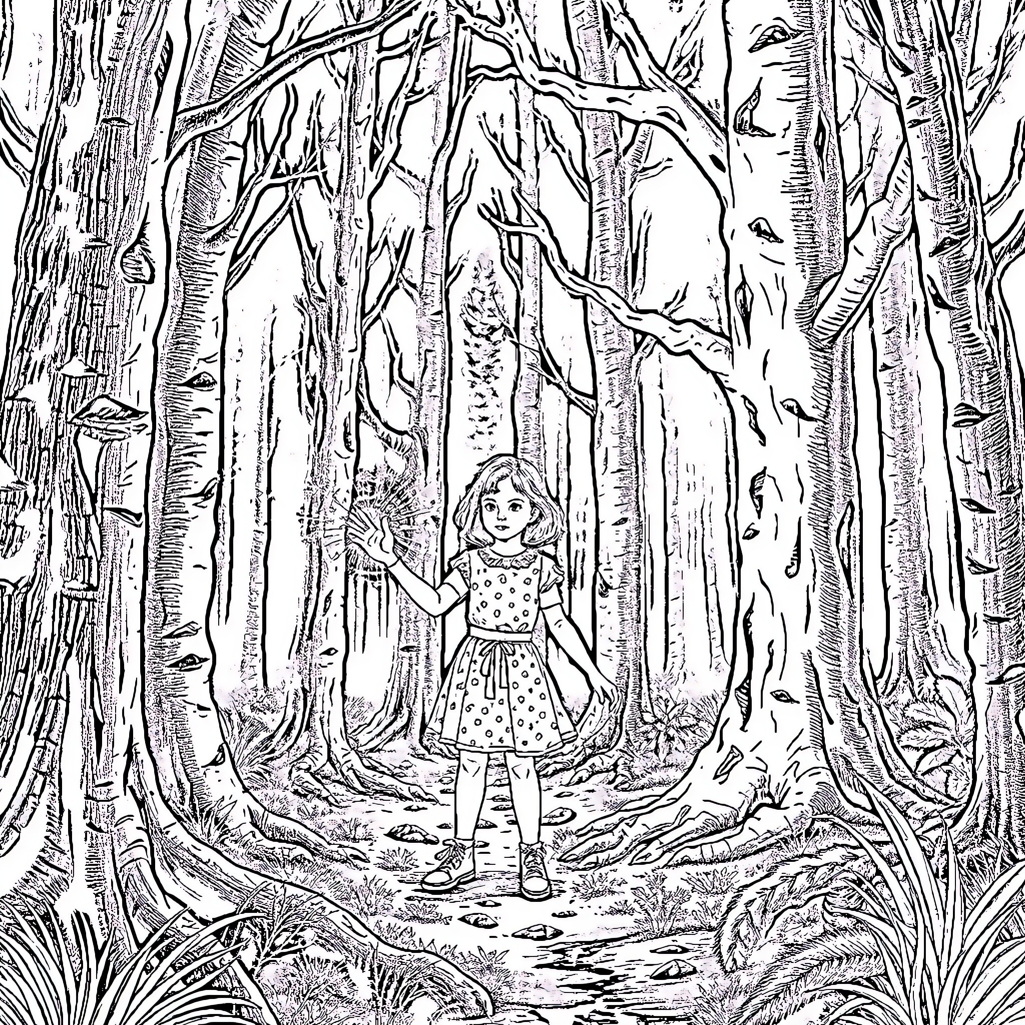 Eleven Exploring the Enchanted Forest Coloring Page (free black-and-white line drawing printable PDF for all, from beginners to advanced learners, including children, teens, adults, and seniors)