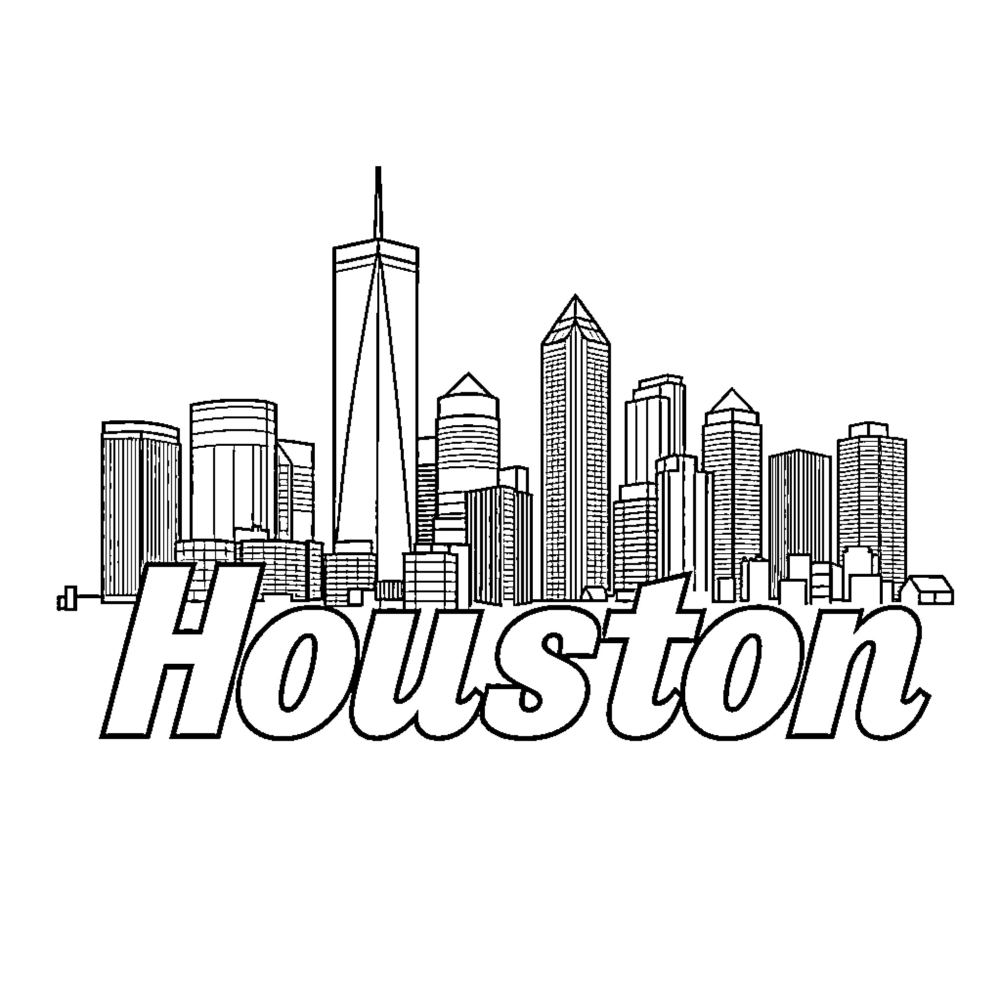Houston Skyline with Architectural Landmarks Coloring Page (free black-and-white line drawing printable PDF for all, from beginners to advanced learners, including children, teens, adults, and seniors)