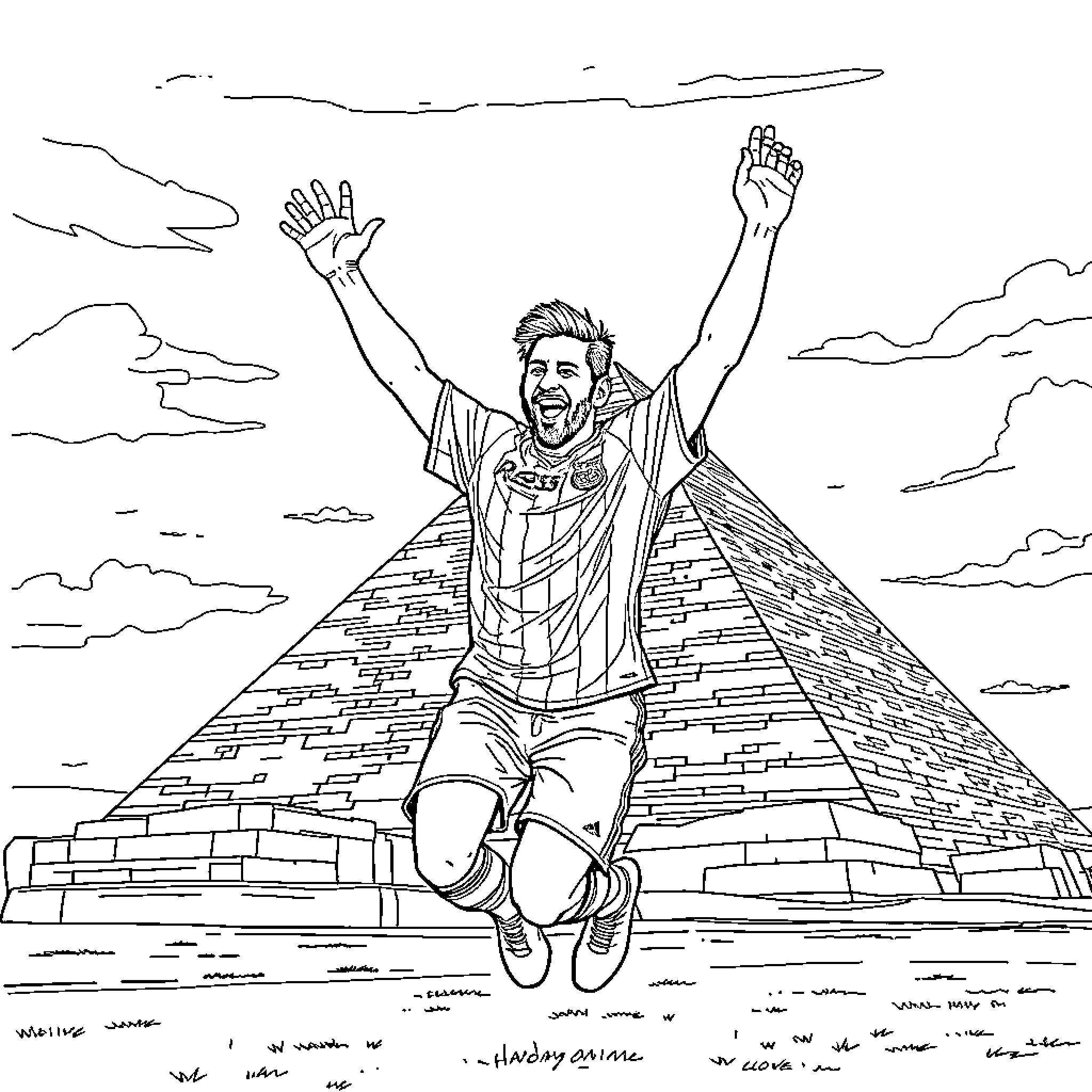 Messi celebrating triumphantly on a pyramid Coloring Page (free black-and-white line drawing printable PDF for all, from beginners to advanced learners, including children, teens, adults, and seniors)