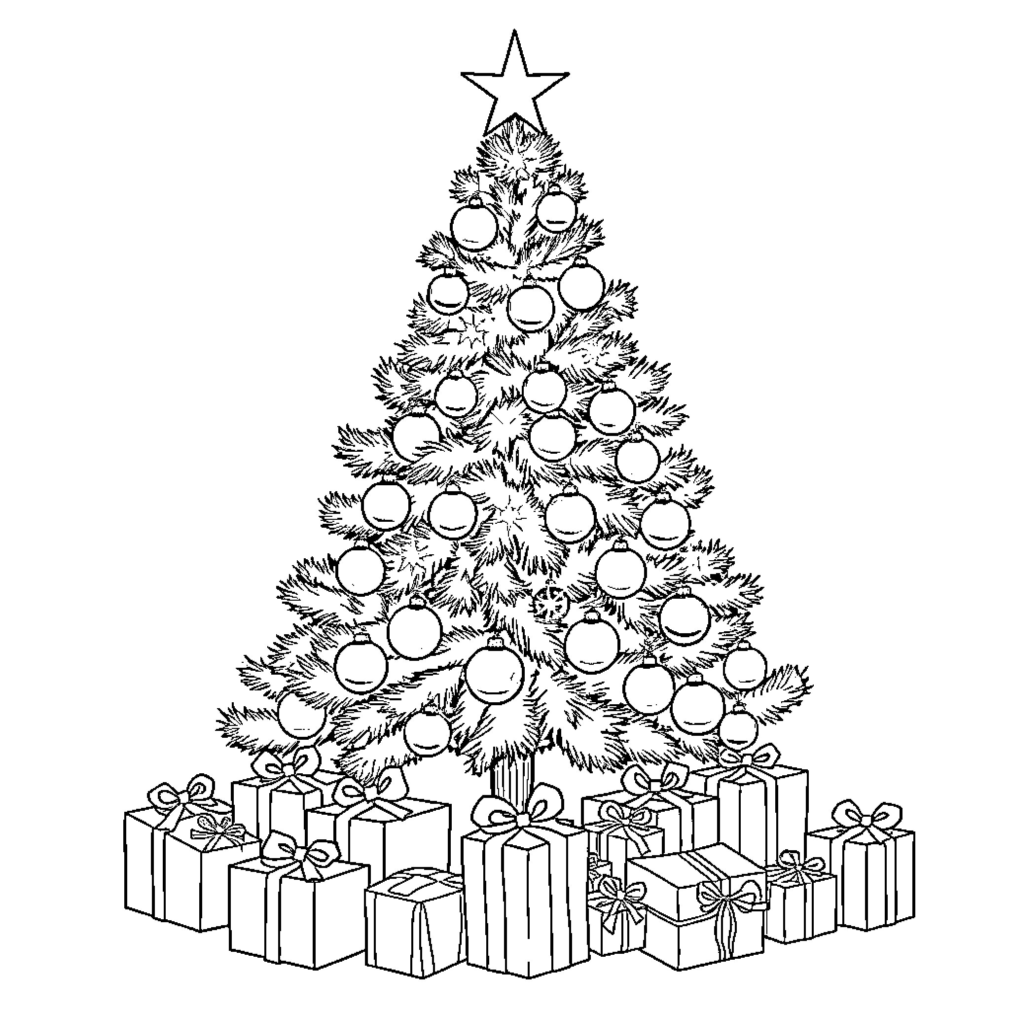 Christmas Tree Adorned with Ornaments and Presents Coloring Page (free black-and-white line drawing printable PDF for all, from beginners to advanced learners, including children, teens, adults, and seniors)