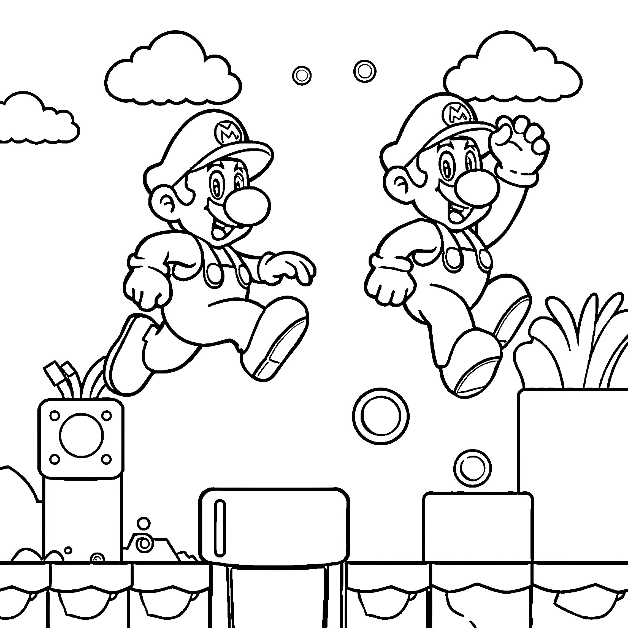 Super Mario Brothers Jumping and Running Adventure Coloring Page (free black-and-white line drawing printable PDF for all, from beginners to advanced learners, including children, teens, adults, and seniors)