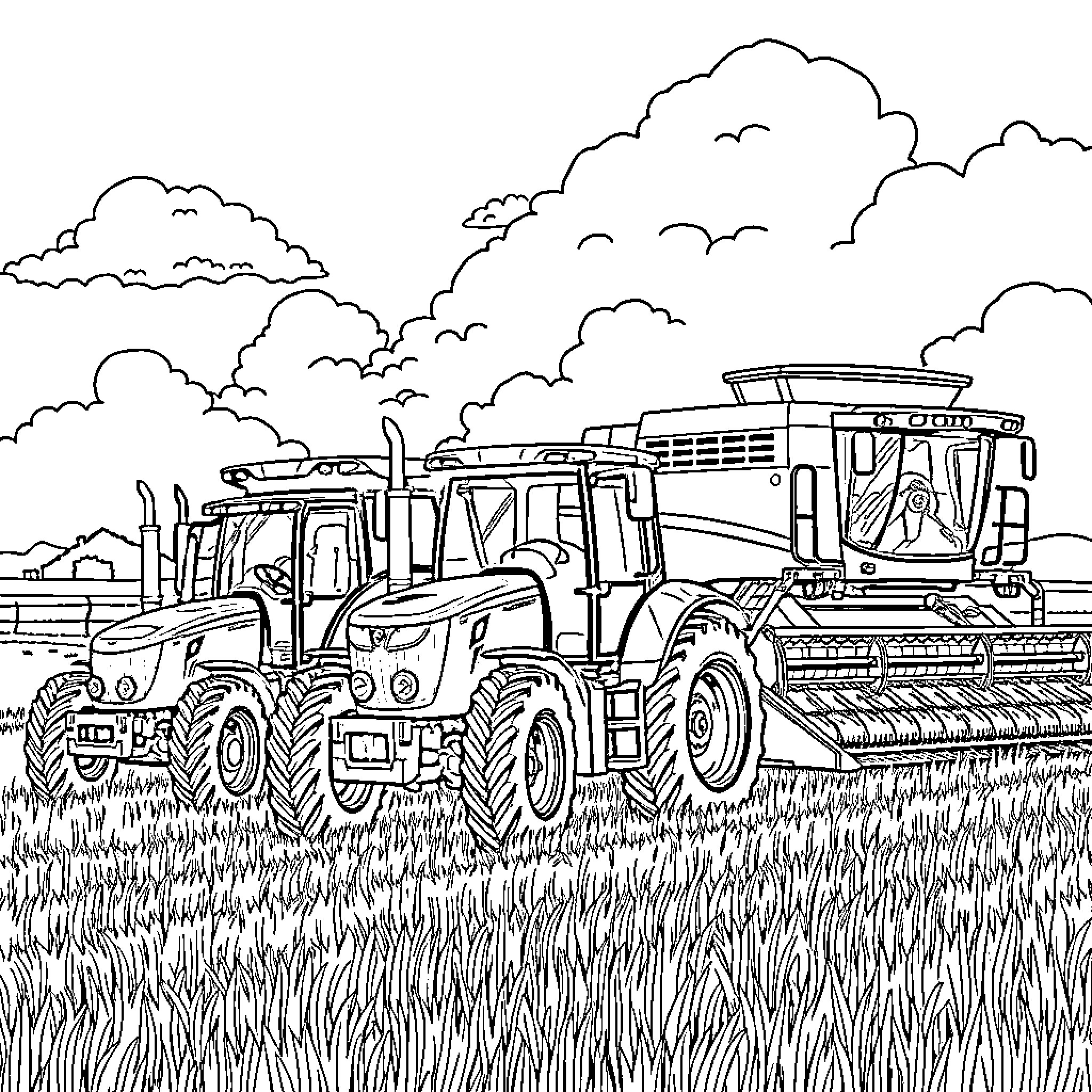 Tractors working in the field under cloudy skies Coloring Page (free black-and-white line drawing printable PDF for all, from beginners to advanced learners, including children, teens, adults, and seniors)
