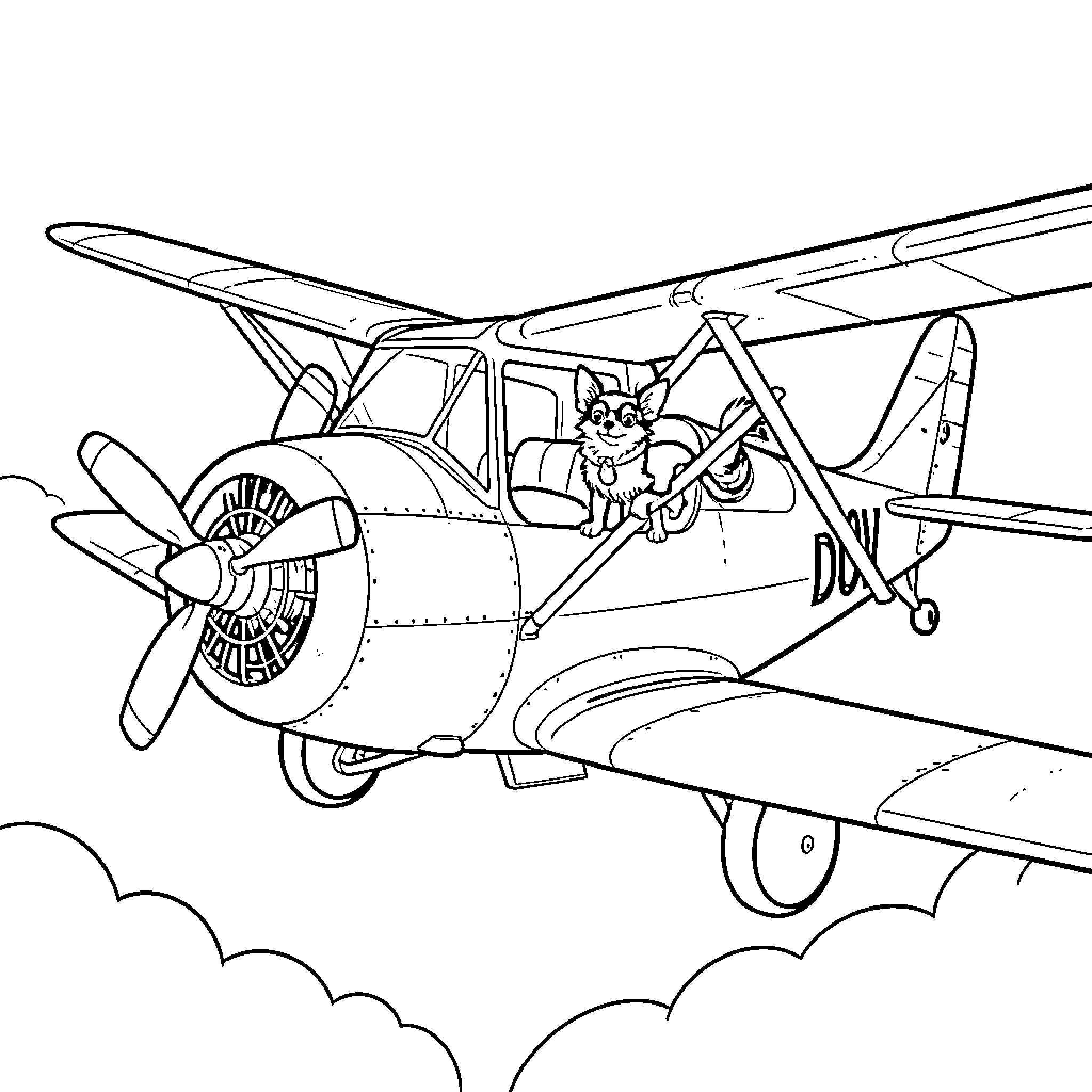 Spirou piloting a small biplane through the clouds Coloring Page (free black-and-white line drawing printable PDF for all, from beginners to advanced learners, including children, teens, adults, and seniors)