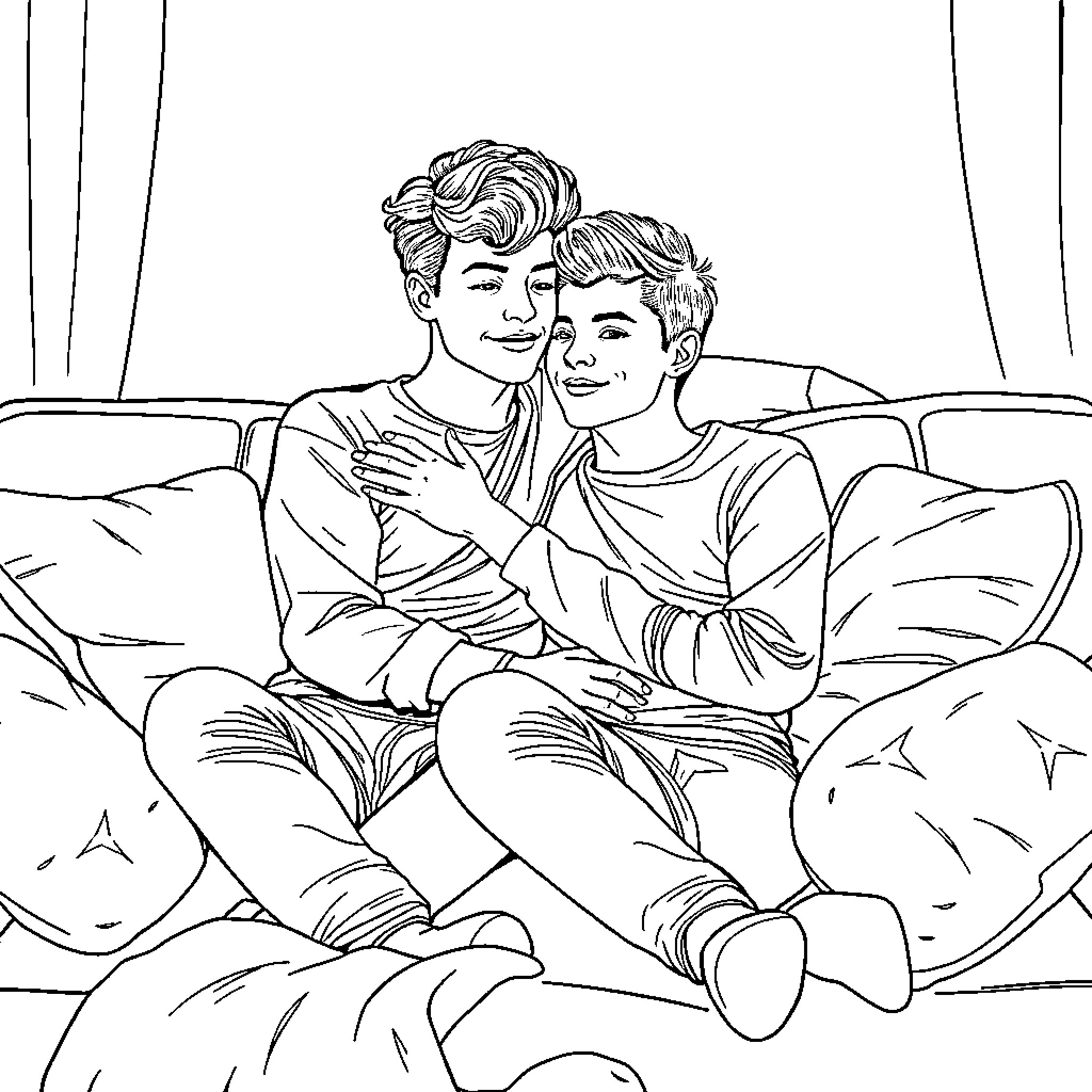Harry Styles and companion relaxing together on a couch Coloring Page (free black-and-white line drawing printable PDF for all, from beginners to advanced learners, including children, teens, adults, and seniors)