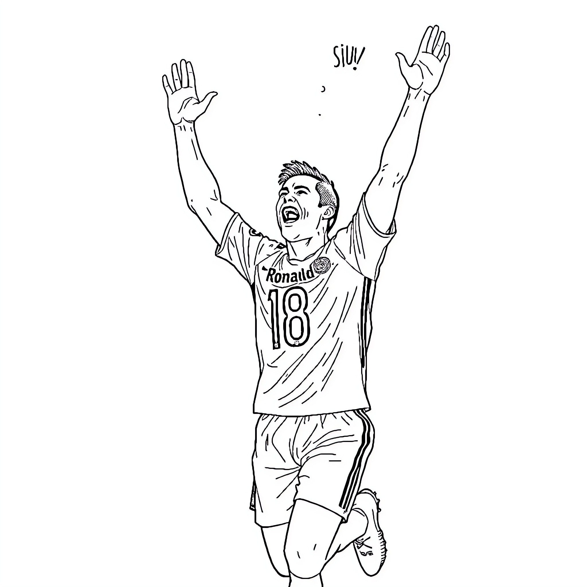 Ronaldo celebrating victorious goal Coloring Page (free black-and-white line drawing printable PDF for all, from beginners to advanced learners, including children, teens, adults, and seniors)