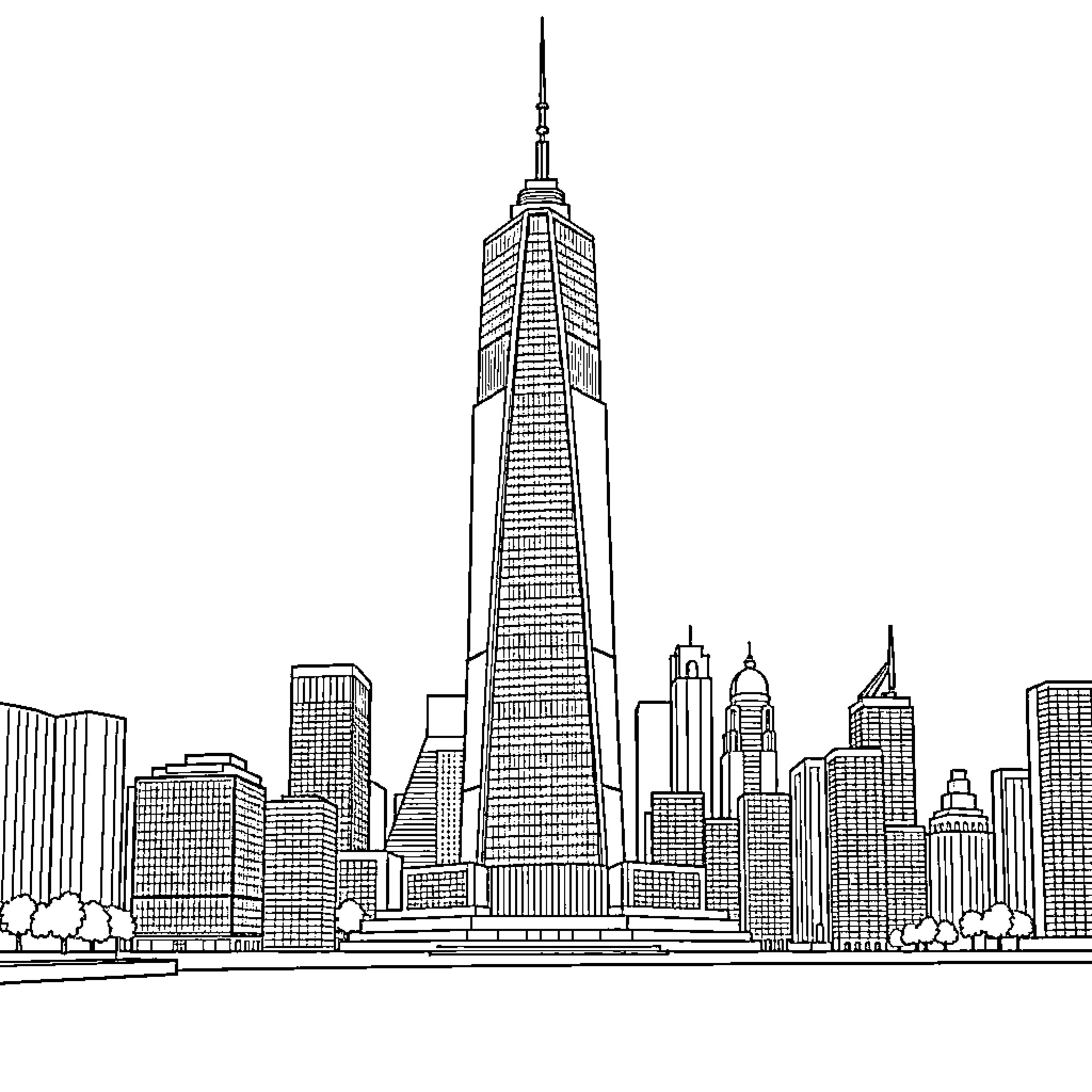 Stark Tower skyline in the city Coloring Page (free black-and-white line drawing printable PDF for all, from beginners to advanced learners, including children, teens, adults, and seniors)