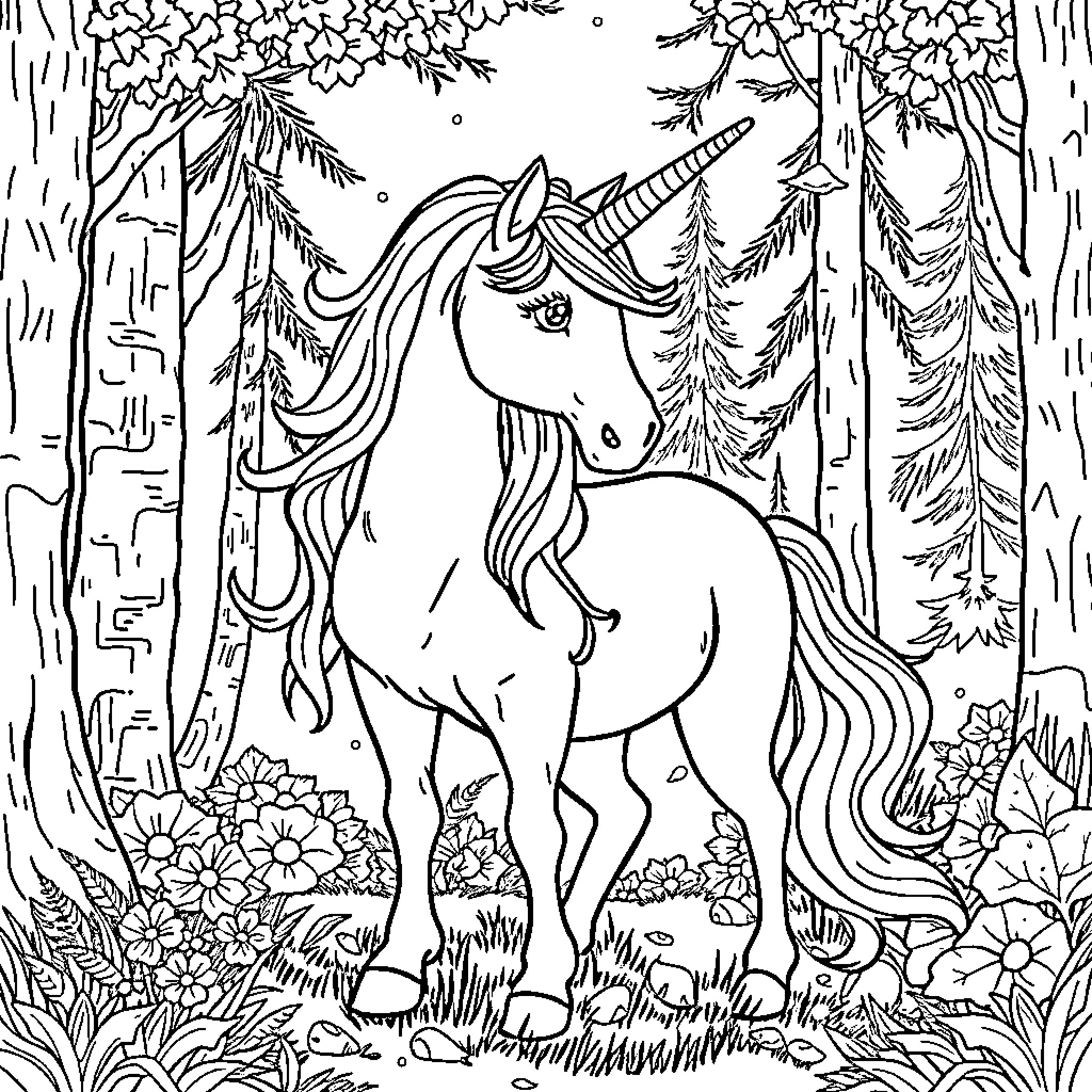 Unicorn exploring magical forest with flowers Coloring Page (free black-and-white line drawing printable PDF for all, from beginners to advanced learners, including children, teens, adults, and seniors)