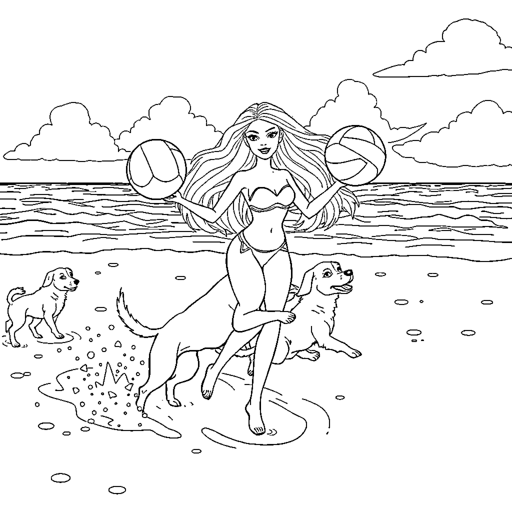 Barbie enjoying beach activities with pets Coloring Page (free black-and-white line drawing printable PDF for all, from beginners to advanced learners, including children, teens, adults, and seniors)