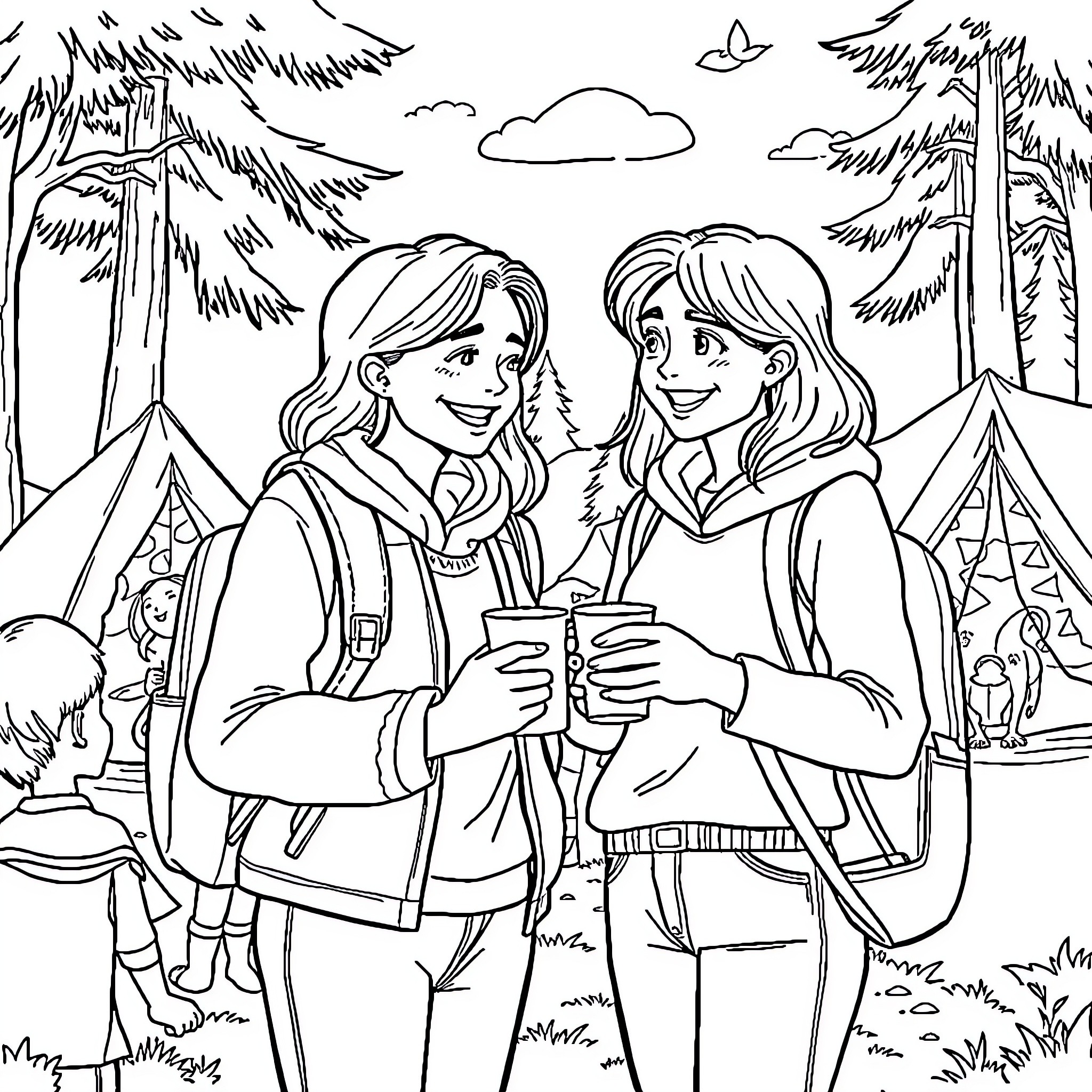 Mom and daughter bonding during camping trip Coloring Page (free black-and-white line drawing printable PDF for all, from beginners to advanced learners, including children, teens, adults, and seniors)