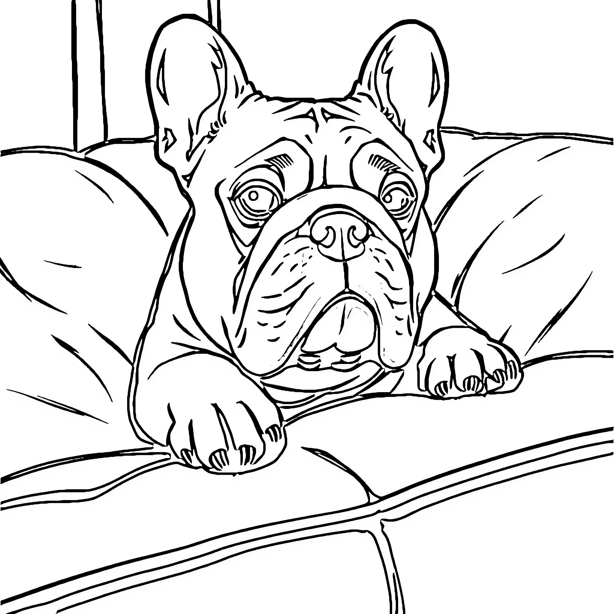 Bulldog peering through window Coloring Page (free black-and-white line drawing printable PDF for all, from beginners to advanced learners, including children, teens, adults, and seniors)