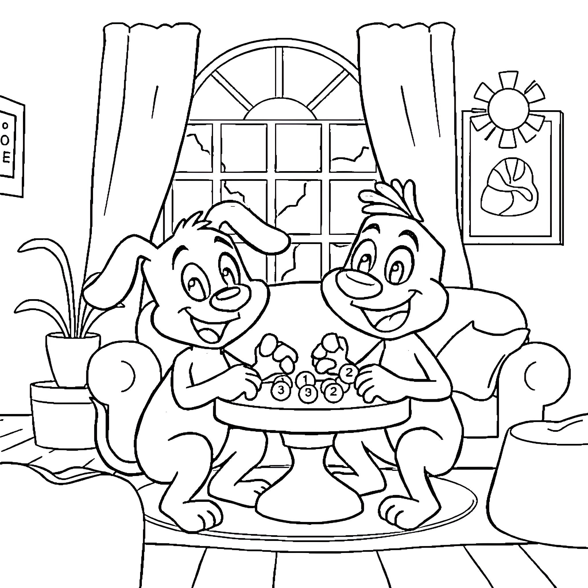 Bluey's Cozy Home Adventure Coloring Page (free black-and-white line drawing printable PDF for all, from beginners to advanced learners, including children, teens, adults, and seniors)