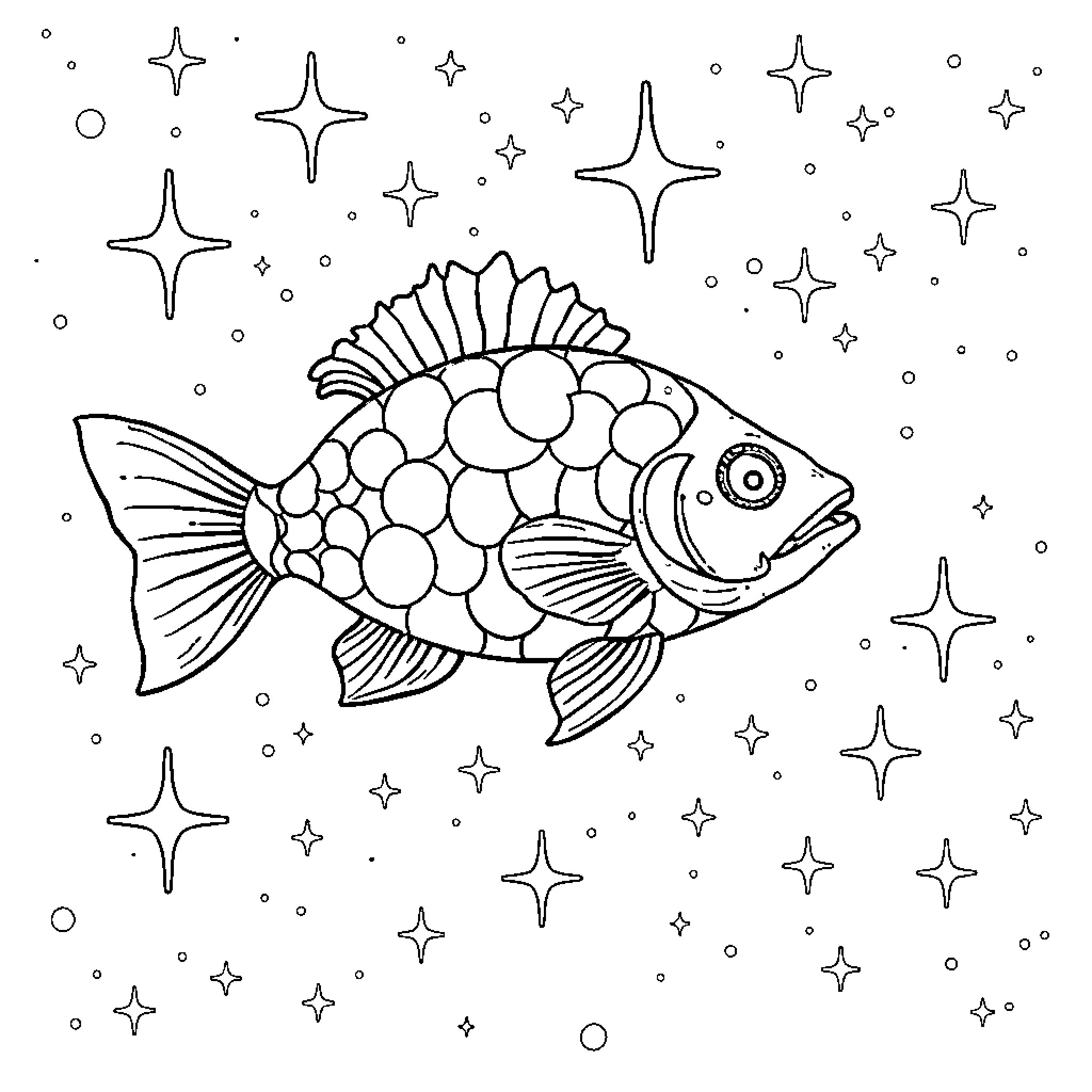 Fish swimming among the stars Coloring Page (free black-and-white line drawing printable PDF for all, from beginners to advanced learners, including children, teens, adults, and seniors)