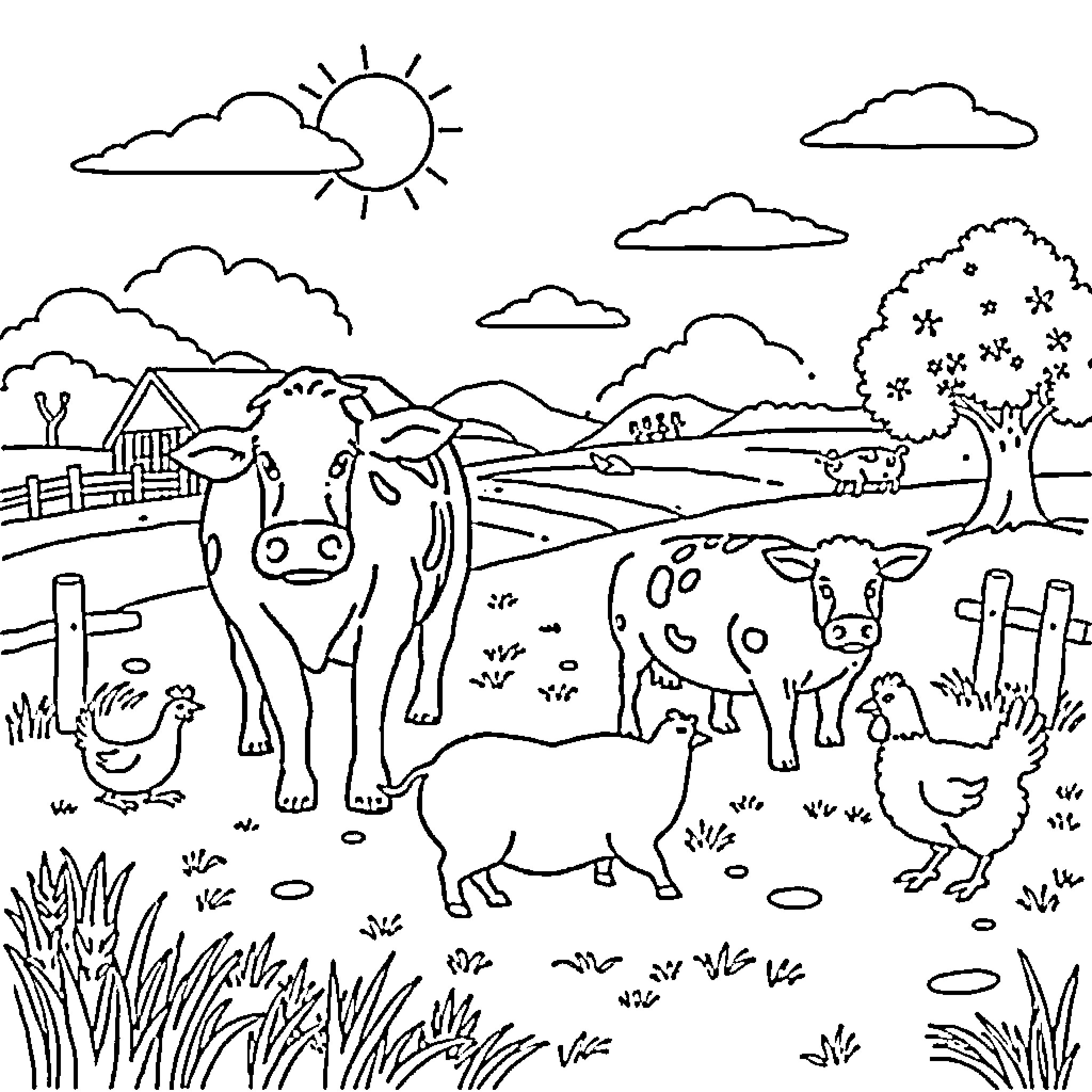 Animal Farm Scene with Cows, Sheep, and Chickens Coloring Page (free black-and-white line drawing printable PDF for all, from beginners to advanced learners, including children, teens, adults, and seniors)