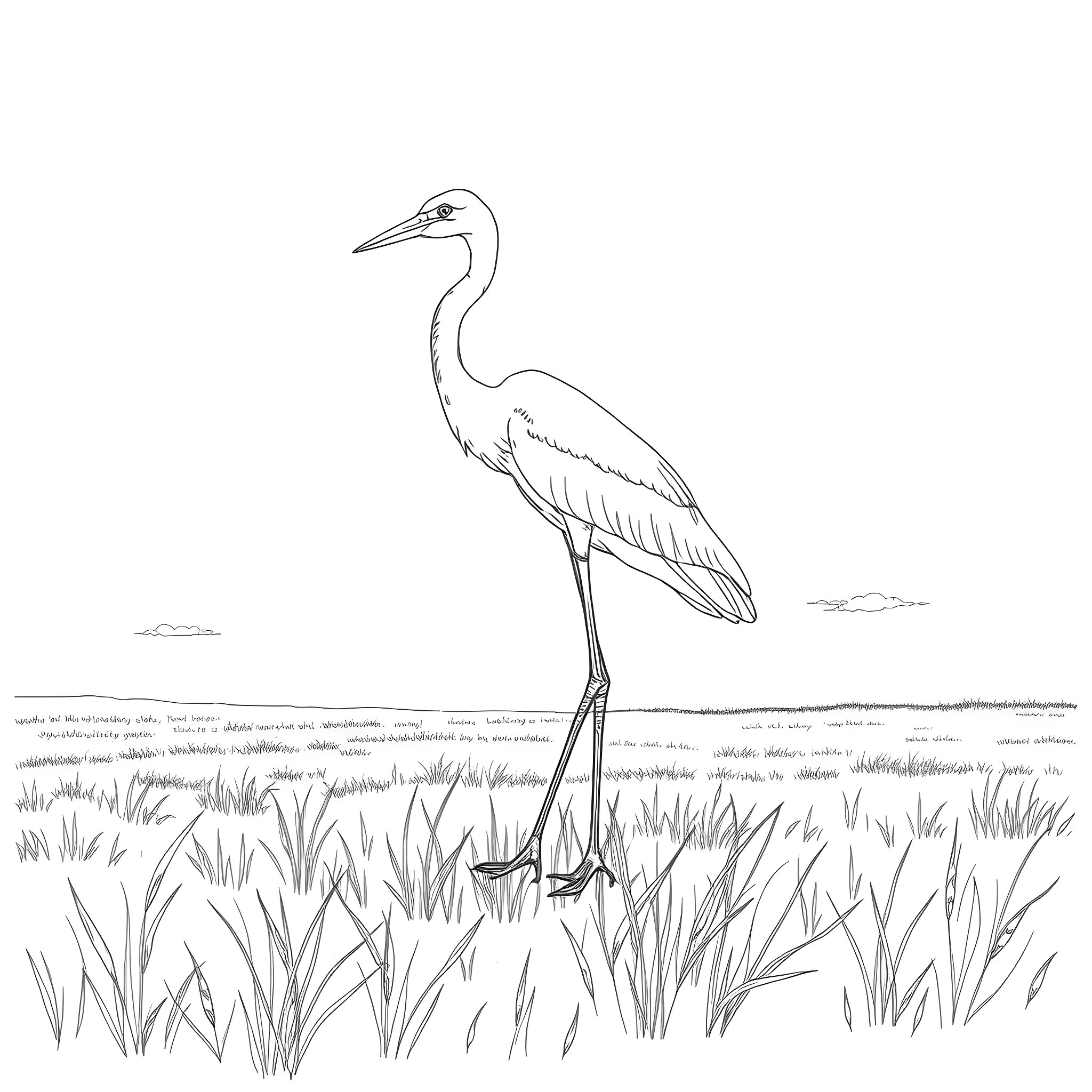 Heron standing tall in a grassy field Coloring Page (free black-and-white line drawing printable PDF for all, from beginners to advanced learners, including children, teens, adults, and seniors)
