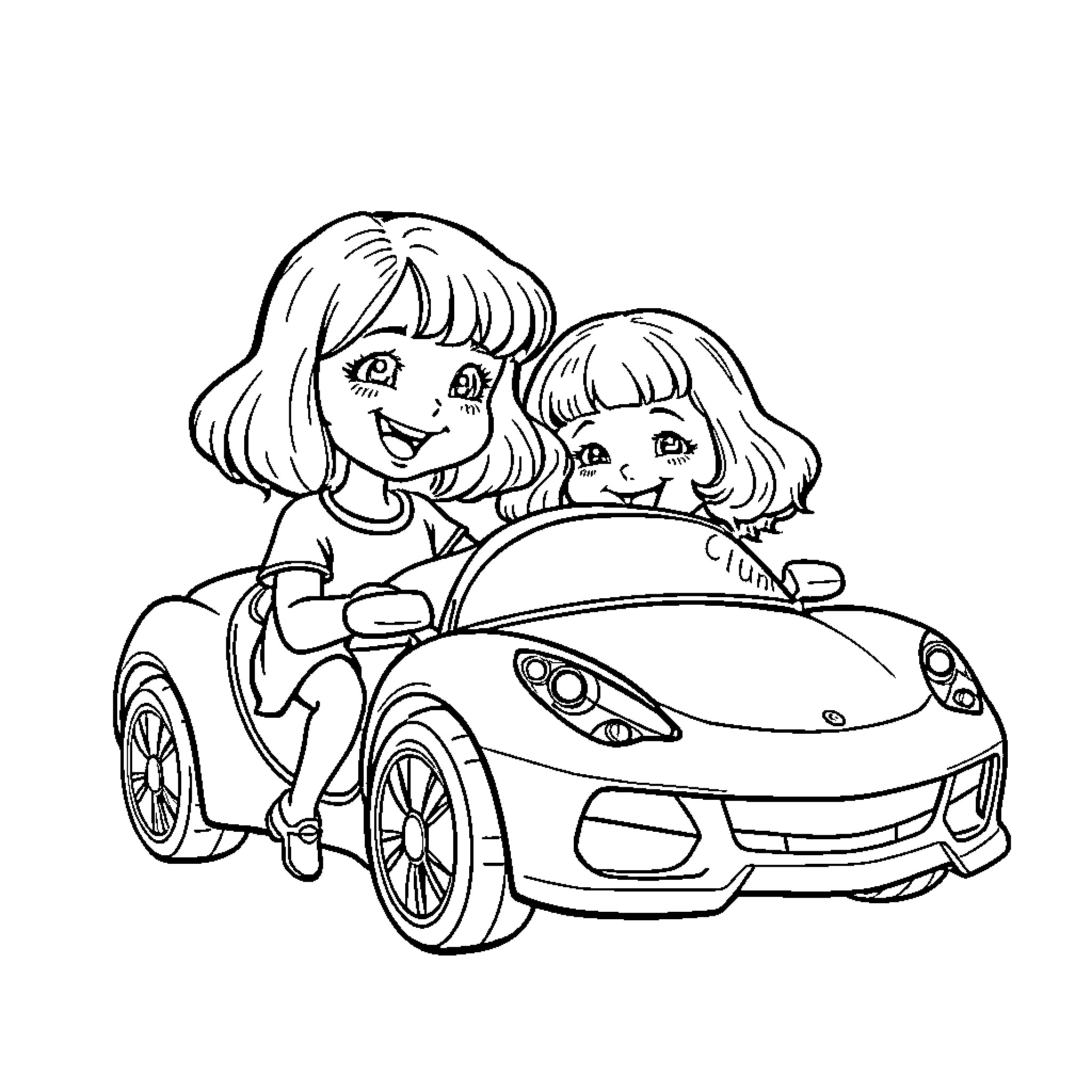 Twin Girls Enjoying a Ride in a Toy Car Coloring Page (free black-and-white line drawing printable PDF for all, from beginners to advanced learners, including children, teens, adults, and seniors)