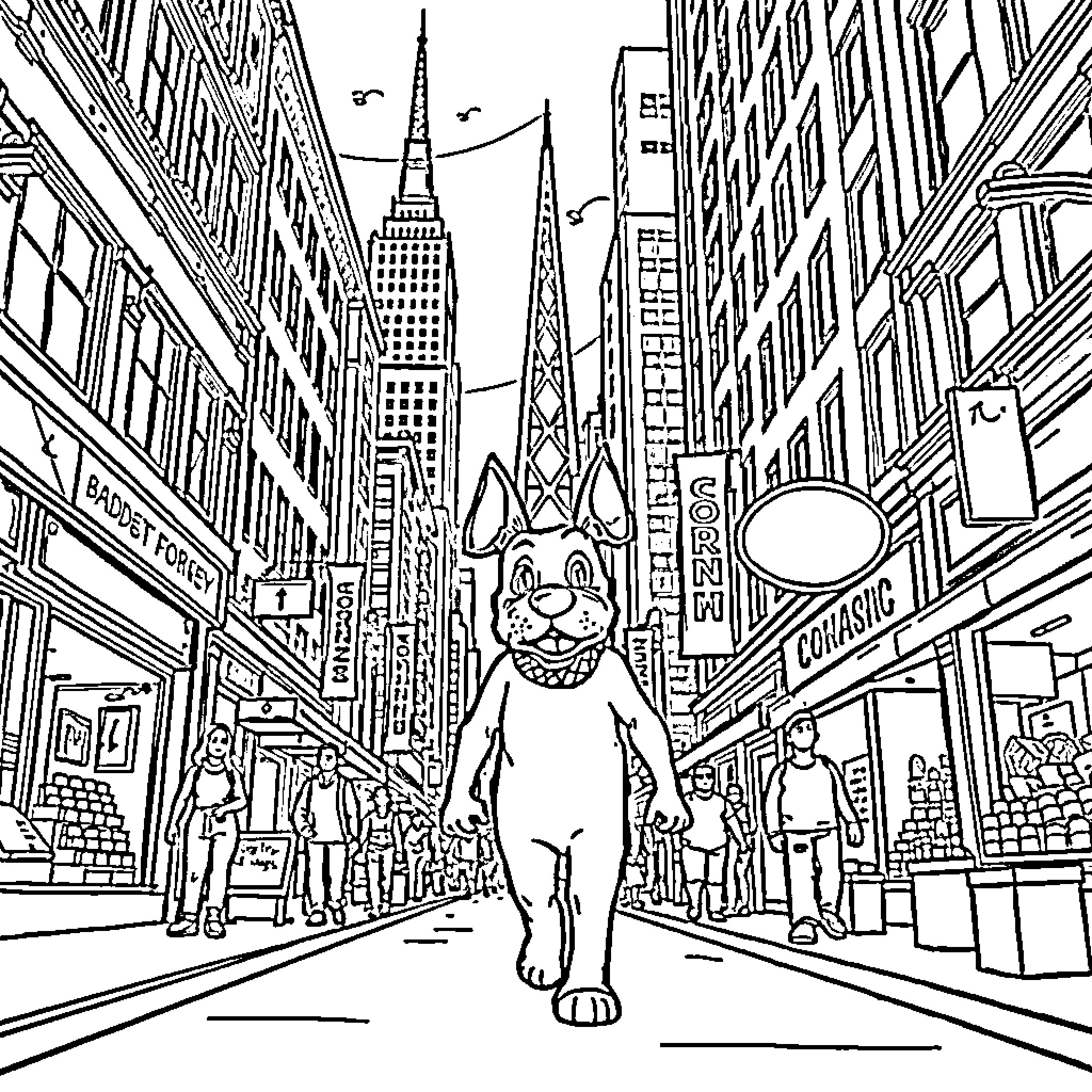 Doreman explores bustling city streets Coloring Page (free black-and-white line drawing printable PDF for all, from beginners to advanced learners, including children, teens, adults, and seniors)