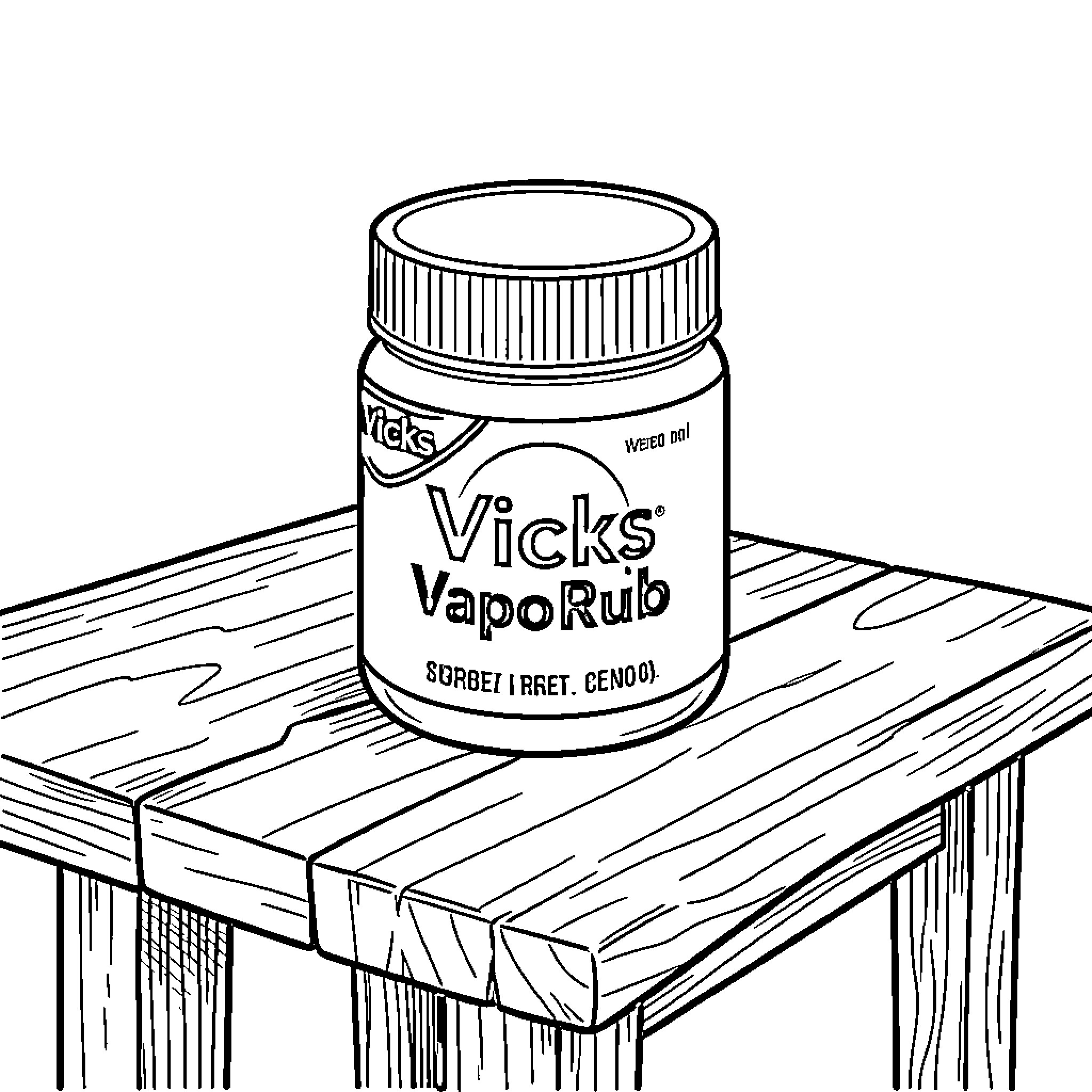 Vicks Vapo Rub sitting on a wooden table Coloring Page (free black-and-white line drawing printable PDF for all, from beginners to advanced learners, including children, teens, adults, and seniors)