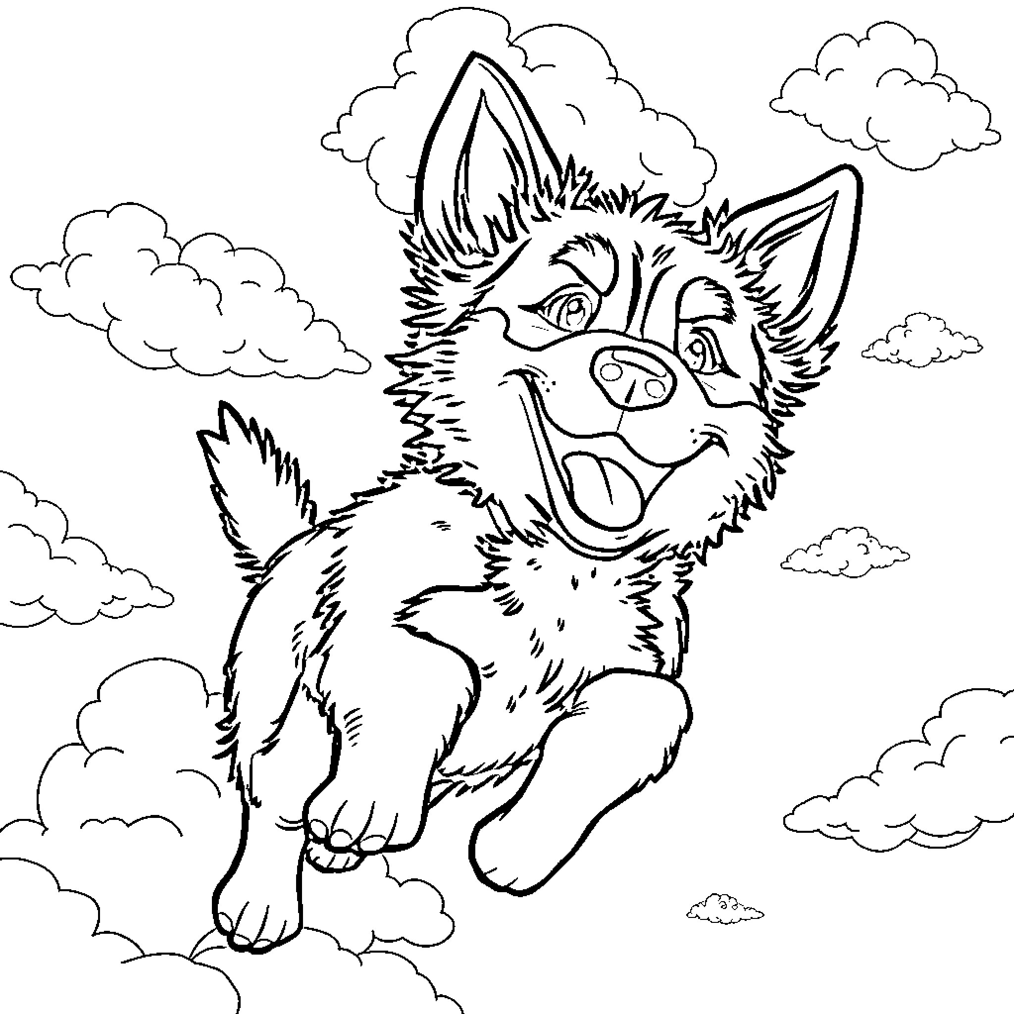 Bluey playing joyfully in the clouds Coloring Page (free black-and-white line drawing printable PDF for all, from beginners to advanced learners, including children, teens, adults, and seniors)